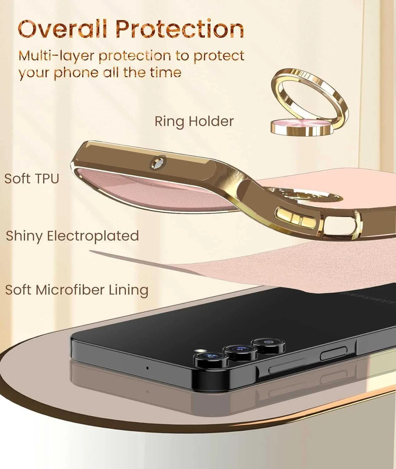 کاور گوشی سامسونگ گلکسی A34 مدل [3 در 1]، به همراه محافظ صفحه نمایش، دارای حلقه نگهدارنده چرخان 360 درجه و استند مغناطیسی، کاور باریک و نرم TPU با لبه های طلایی برای گلکسی A34 (صورتی، A34)
