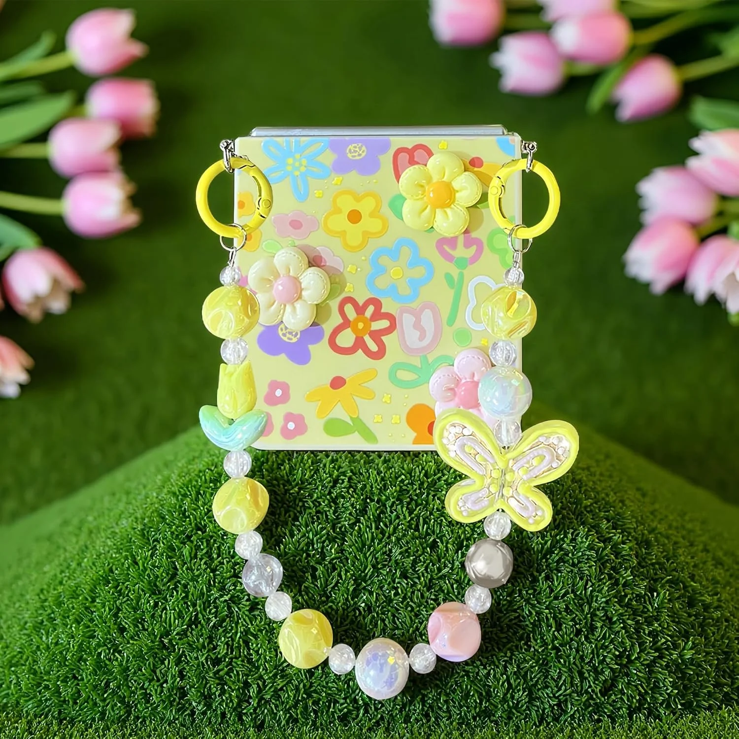 قاب گوشی سامسونگ گلکسی زد فلیپ 7 با زنجیر، طراحی شیک گل زرد، کاور TPU ضد اثر انگشت و مقاوم در برابر ضربه، باریک با بند آویز، هدیه ایده آل برای زنان و دختران در امارات و عربستان