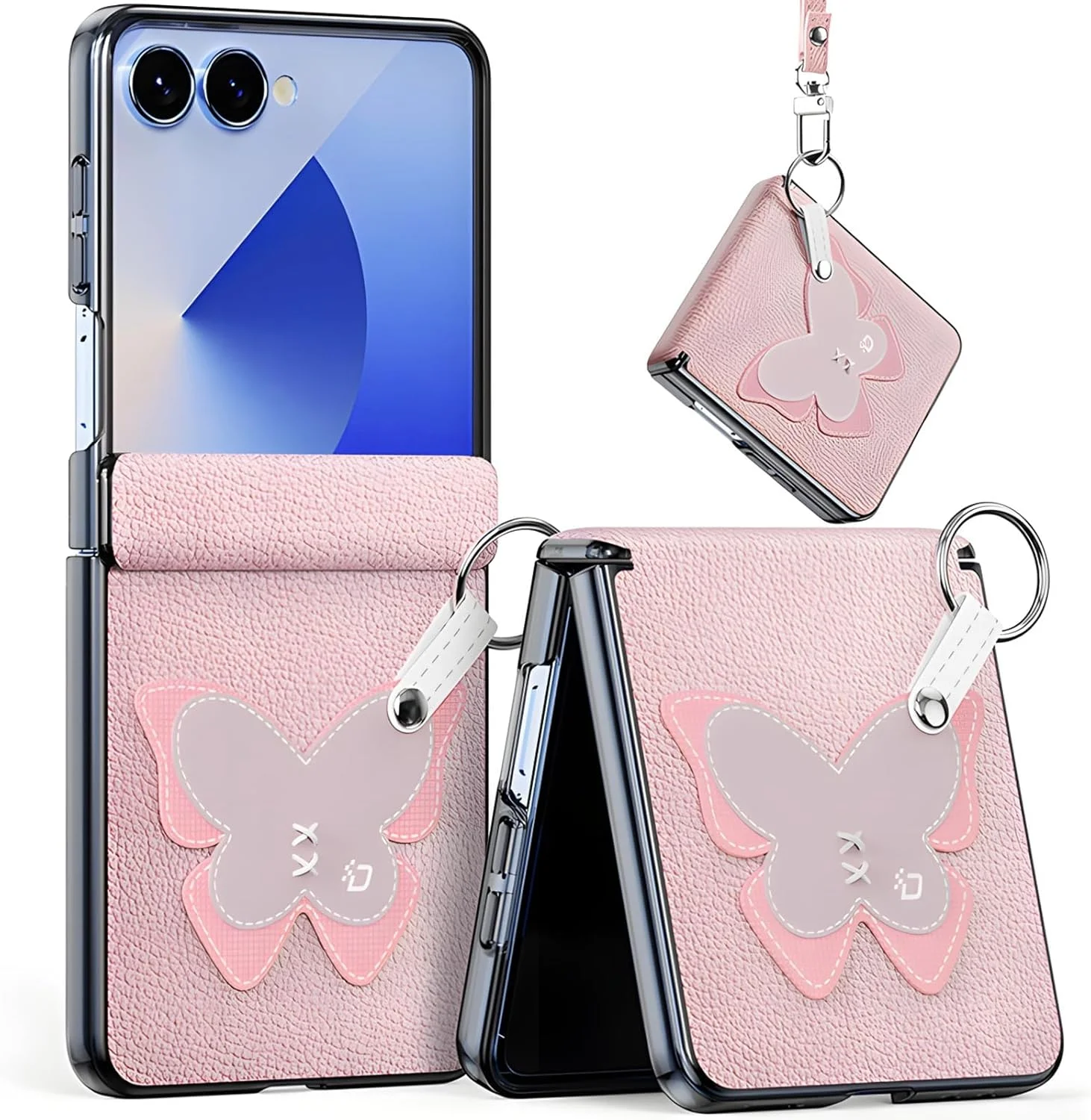 قاب محافظ چرمی PU طرح پروانه برای گوشی سامسونگ گلکسی زد فلیپ 7، باریک و ضد ضربه به همراه بند مچی (صورتی)