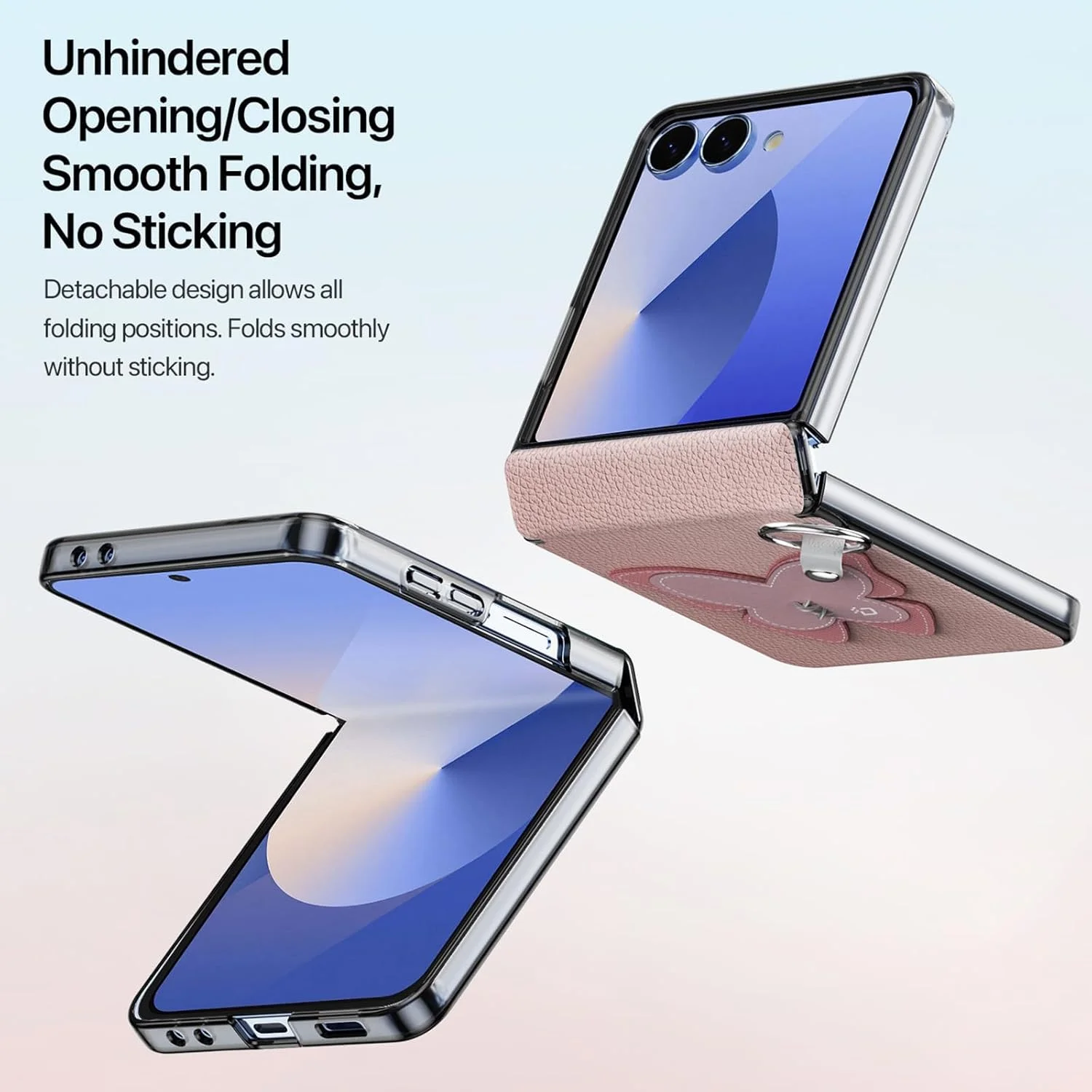 قاب محافظ چرمی PU طرح پروانه برای گوشی سامسونگ گلکسی زد فلیپ 7، باریک و ضد ضربه به همراه بند مچی (صورتی)