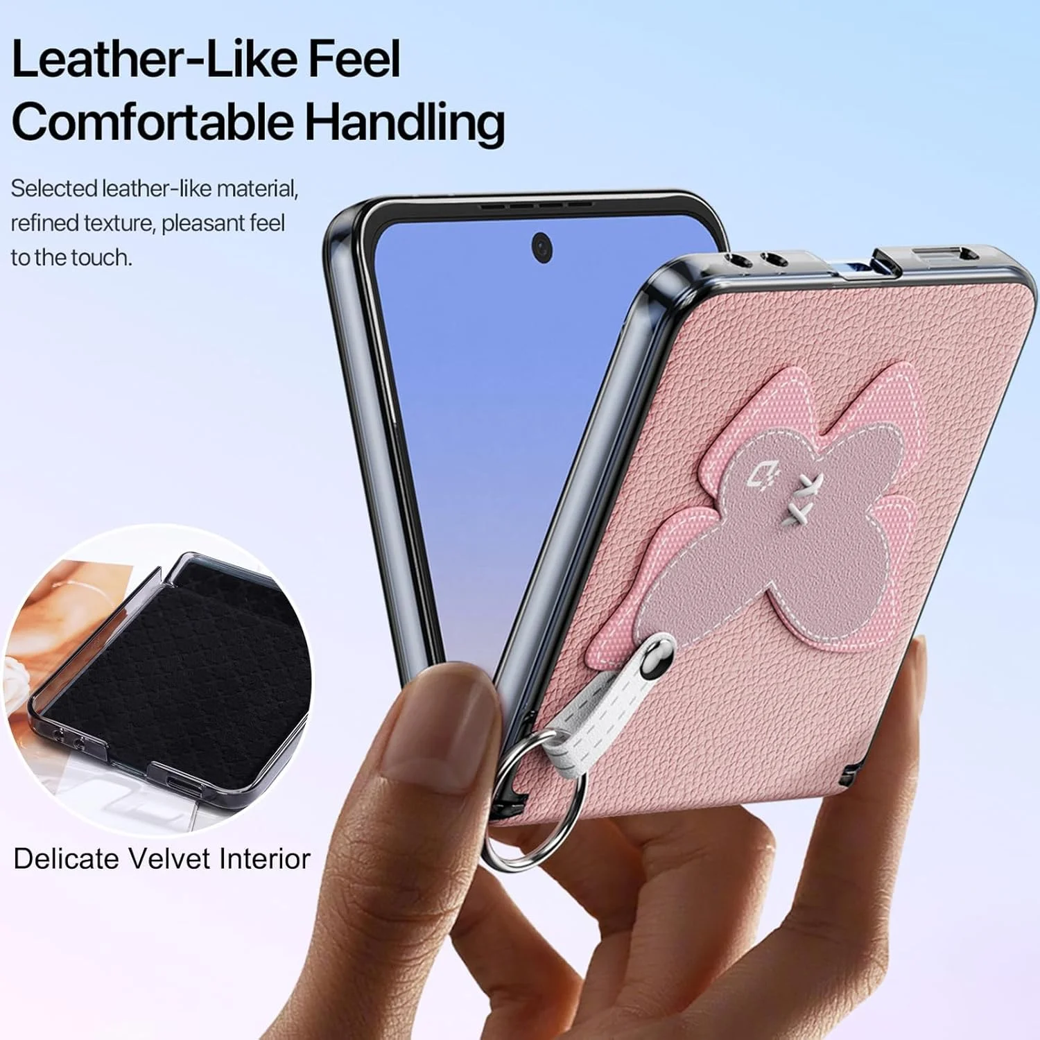 قاب محافظ چرمی PU طرح پروانه برای گوشی سامسونگ گلکسی زد فلیپ 7، باریک و ضد ضربه به همراه بند مچی (صورتی)