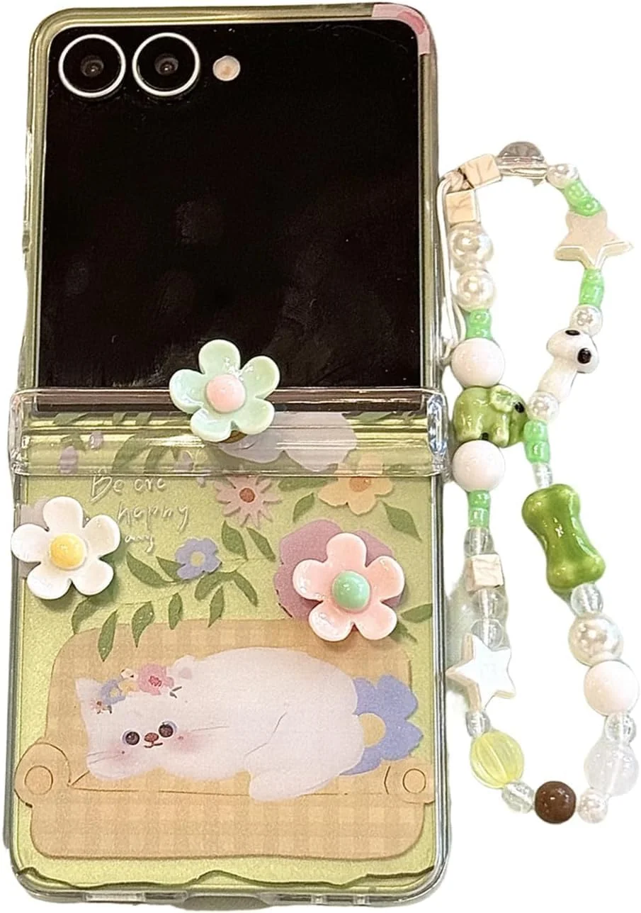 قاب محافظ گوشی سامسونگ گلکسی زد فلیپ 7 به همراه دستبند، طرح کارتونی بامزه گربه و خرگوش، کاور محافظ شفاف ضد ضربه، قاب گوشی طرح حیوانات خنده دار برای دختران و بانوان