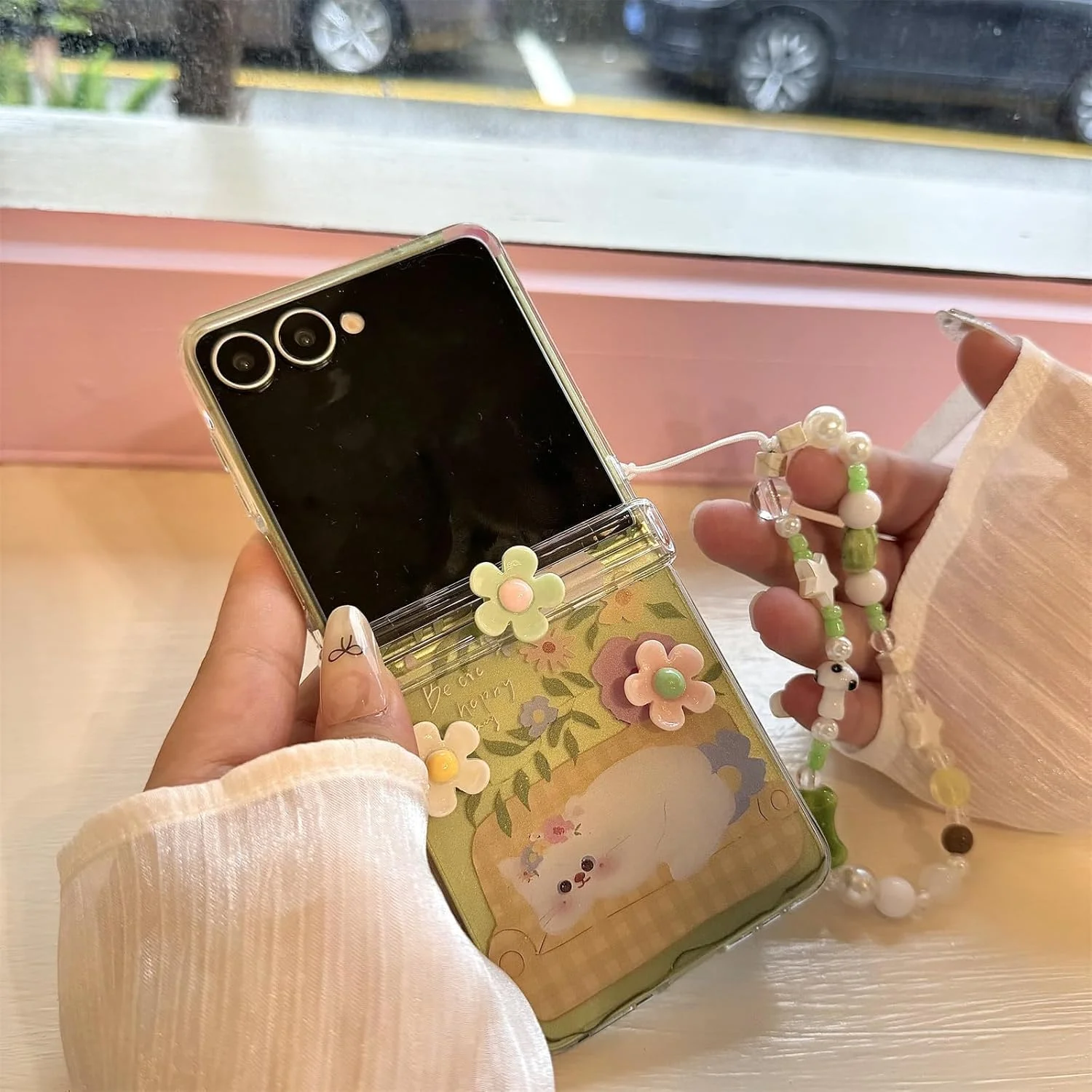 قاب محافظ گوشی سامسونگ گلکسی زد فلیپ 7 به همراه دستبند، طرح کارتونی بامزه گربه و خرگوش، کاور محافظ شفاف ضد ضربه، قاب گوشی طرح حیوانات خنده دار برای دختران و بانوان