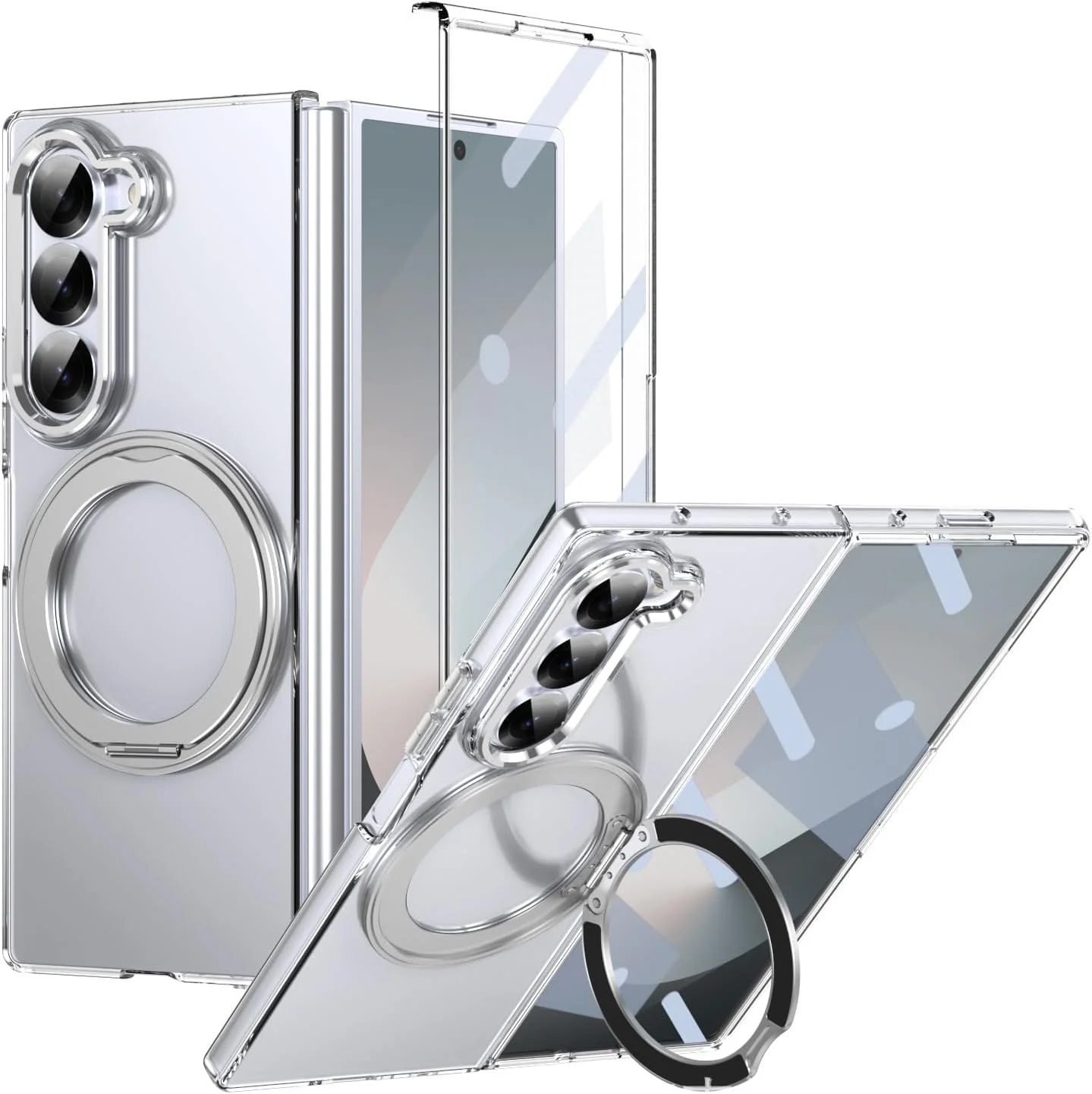 قاب گوشی سامسونگ گلکسی زد فولد 7 با پایه انگشتی چرخان، قاب مغناطیسی سازگار با شارژ بی‌سیم با محافظ صفحه نمایش و دوربین، قاب شفاف باریک با پایه (نقره‌ای)