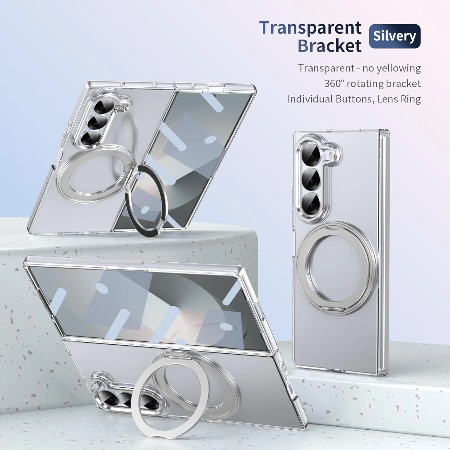 قاب گوشی سامسونگ گلکسی زد فولد 7 با پایه انگشتی چرخان، قاب مغناطیسی سازگار با شارژ بی‌سیم با محافظ صفحه نمایش و دوربین، قاب شفاف باریک با پایه (نقره‌ای)