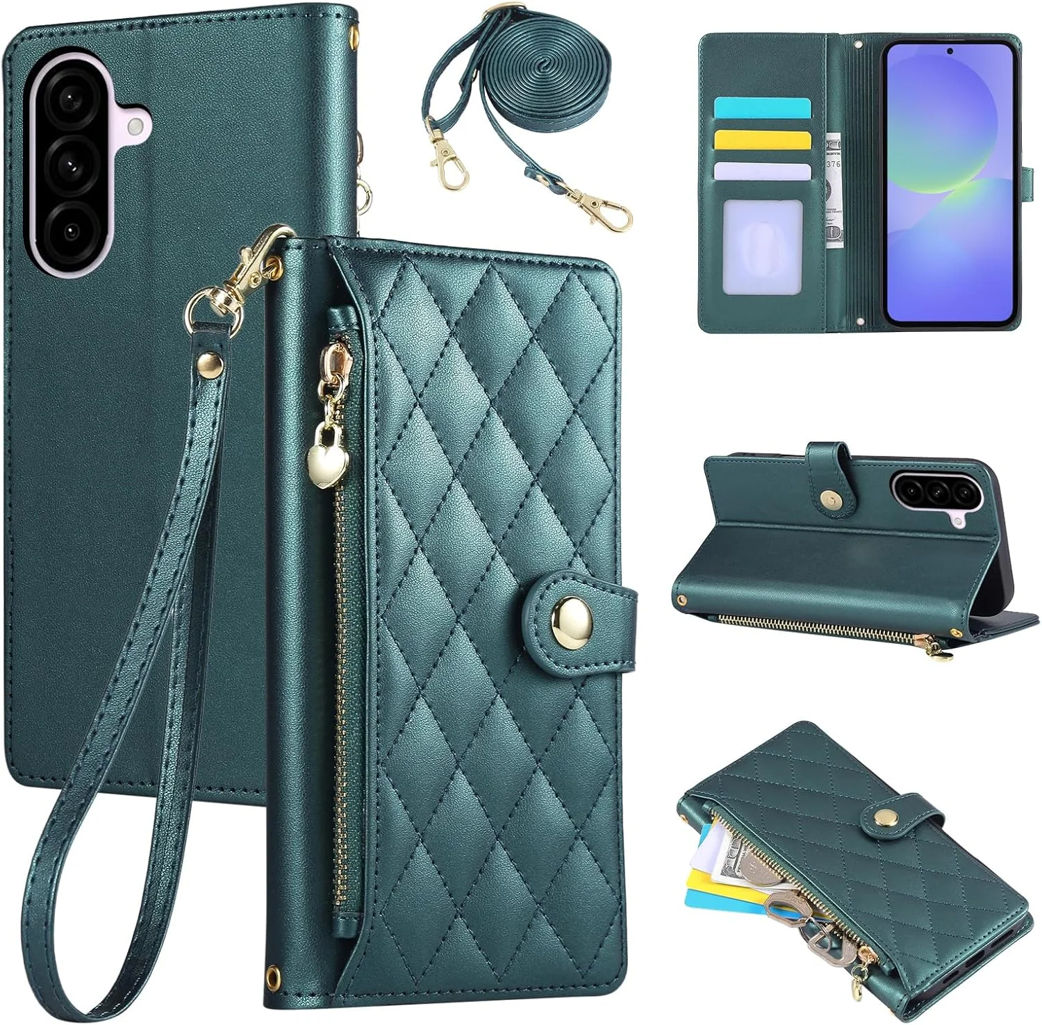 کیف چرمی گوشی سامسونگ گلکسی A36 5G مدل 2025 سایز 6.7 اینچ، طرح الماس گلدوزی شده، کیف تاشو گلکسی A36 5G با بند دستی و بند شانه، سبز