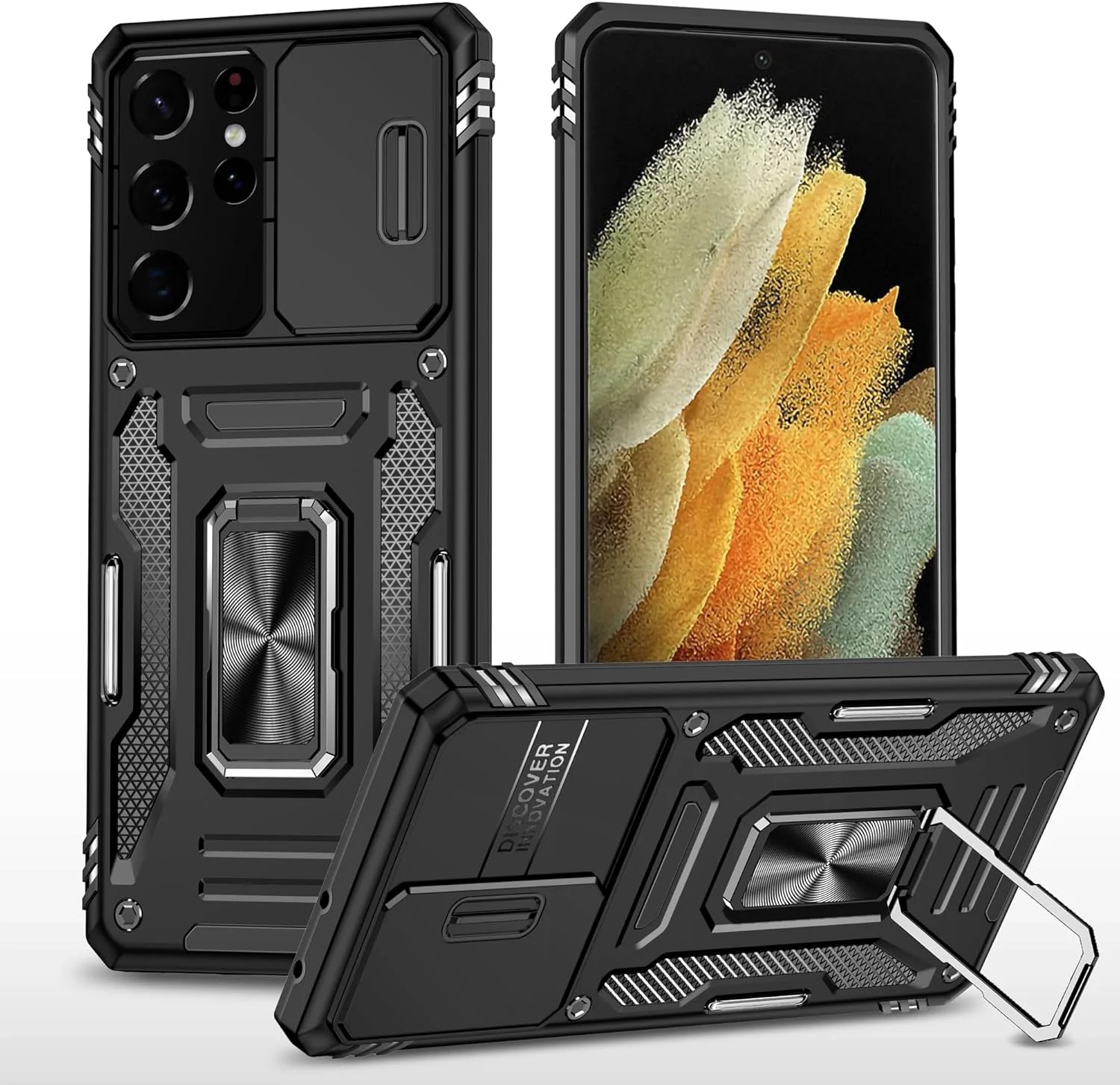 قاب محافظ 2 در 1، سازگار با گوشی سامسونگ گلکسی S30 Ultra/S21 Ultra، قاب با پوشش کشویی دوربین، محافظت کامل و مقاوم در برابر ضربه با پایه انگشتی فلزی