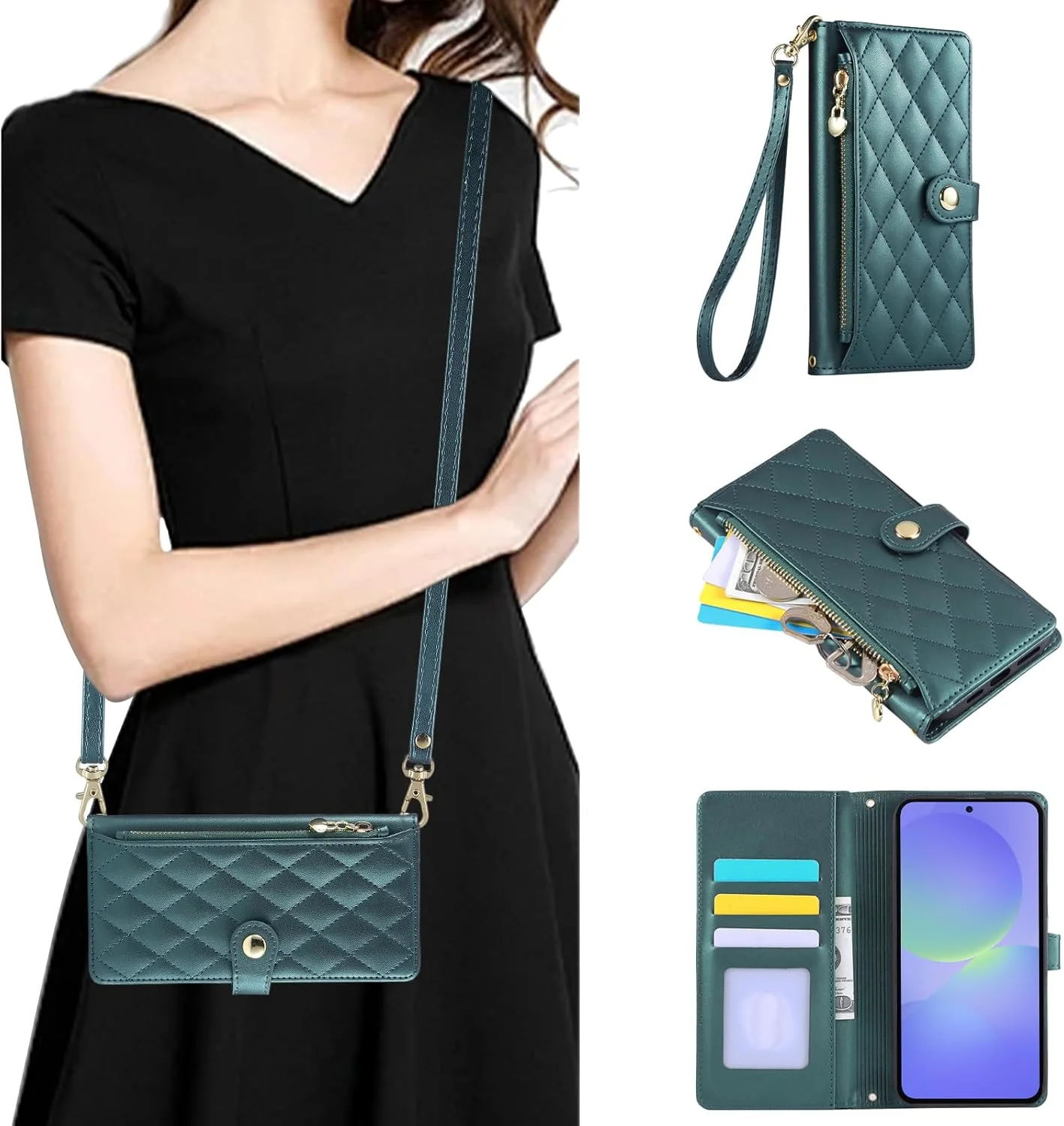 کیف چرمی گوشی سامسونگ گلکسی A36 5G مدل 2025 سایز 6.7 اینچ، طرح الماس گلدوزی شده، کیف تاشو گلکسی A36 5G با بند دستی و بند شانه، سبز