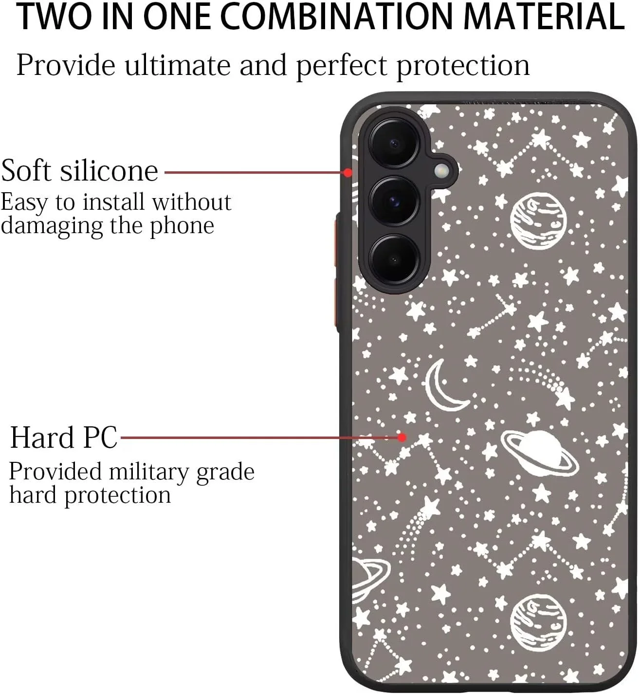 قاب گوشی برای سامسونگ گلکسی A25 5G، قاب محافظ سیلیکونی نرم و ضد ضربه، پوشش پشتی مات و نیمه شفاف ضد خش PC، محافظت کامل از دوربین، طرح آسمان پر ستاره سه بعدی