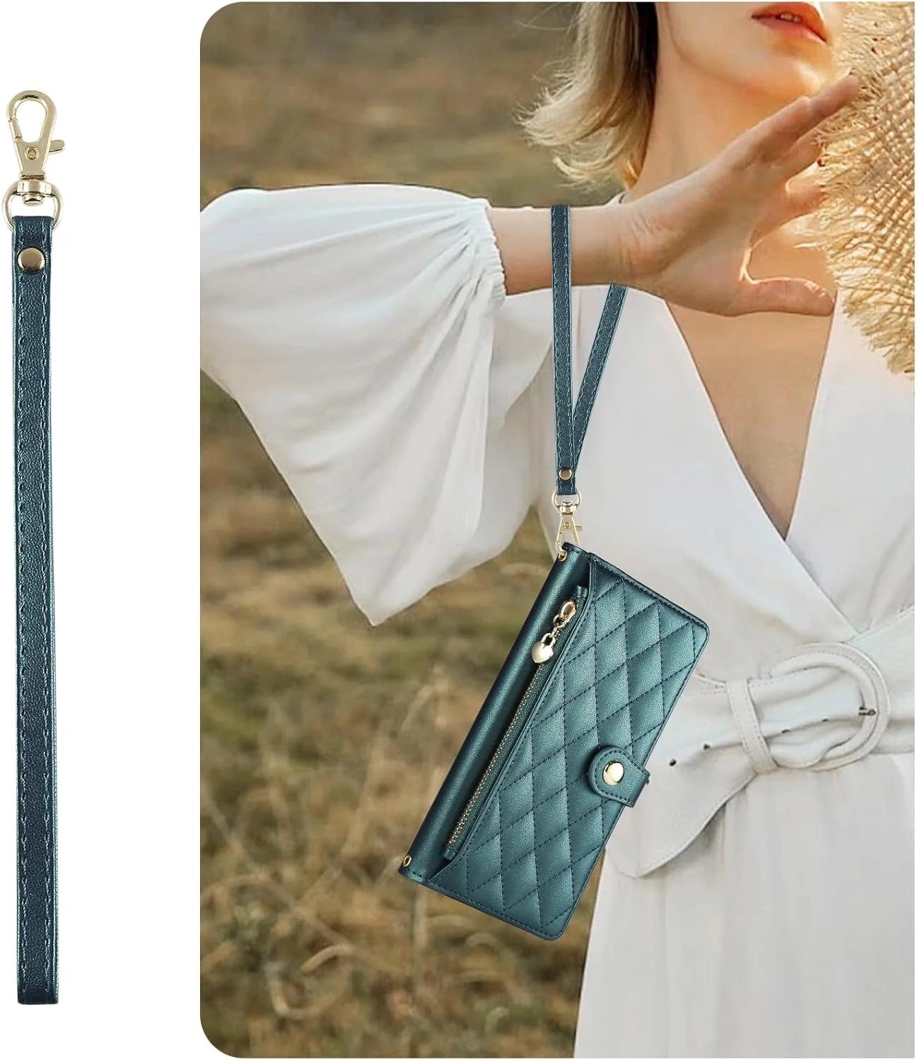 کیف چرمی گوشی سامسونگ گلکسی A36 5G مدل 2025 سایز 6.7 اینچ، طرح الماس گلدوزی شده، کیف تاشو گلکسی A36 5G با بند دستی و بند شانه، سبز