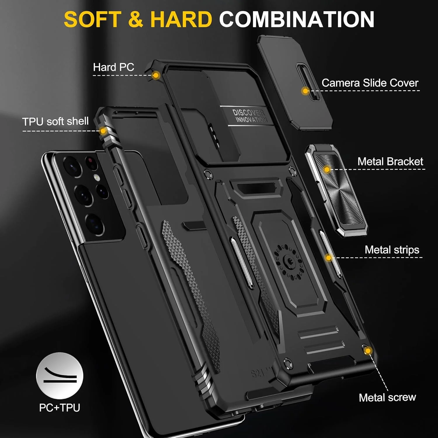 قاب محافظ 2 در 1، سازگار با گوشی سامسونگ گلکسی S30 Ultra/S21 Ultra، قاب با پوشش کشویی دوربین، محافظت کامل و مقاوم در برابر ضربه با پایه انگشتی فلزی