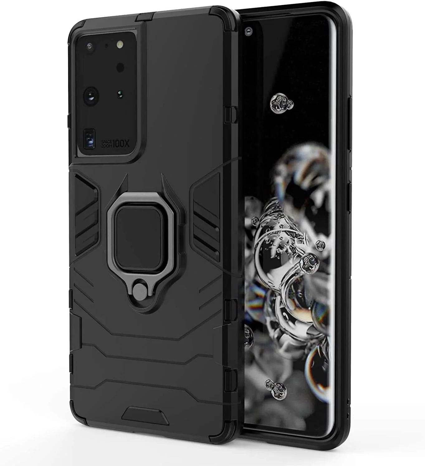 کاور محافظ نوسنس آرمور مناسب برای گوشی سامسونگ گلکسی S21 Ultra 5G با حلقه فلزی مغناطیسی برای اتصال به هولدر ماشین، ساخته شده از سیلیکون TPU + PC سخت (مشکی)