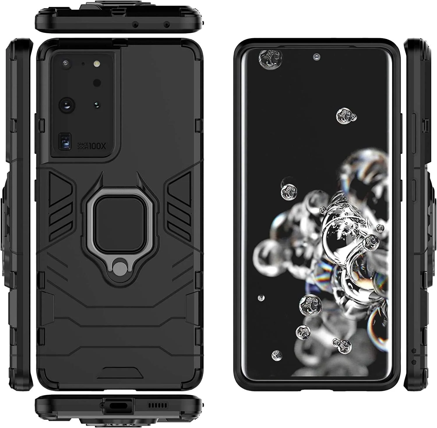 کاور محافظ نوسنس آرمور مناسب برای گوشی سامسونگ گلکسی S21 Ultra 5G با حلقه فلزی مغناطیسی برای اتصال به هولدر ماشین، ساخته شده از سیلیکون TPU + PC سخت (مشکی)