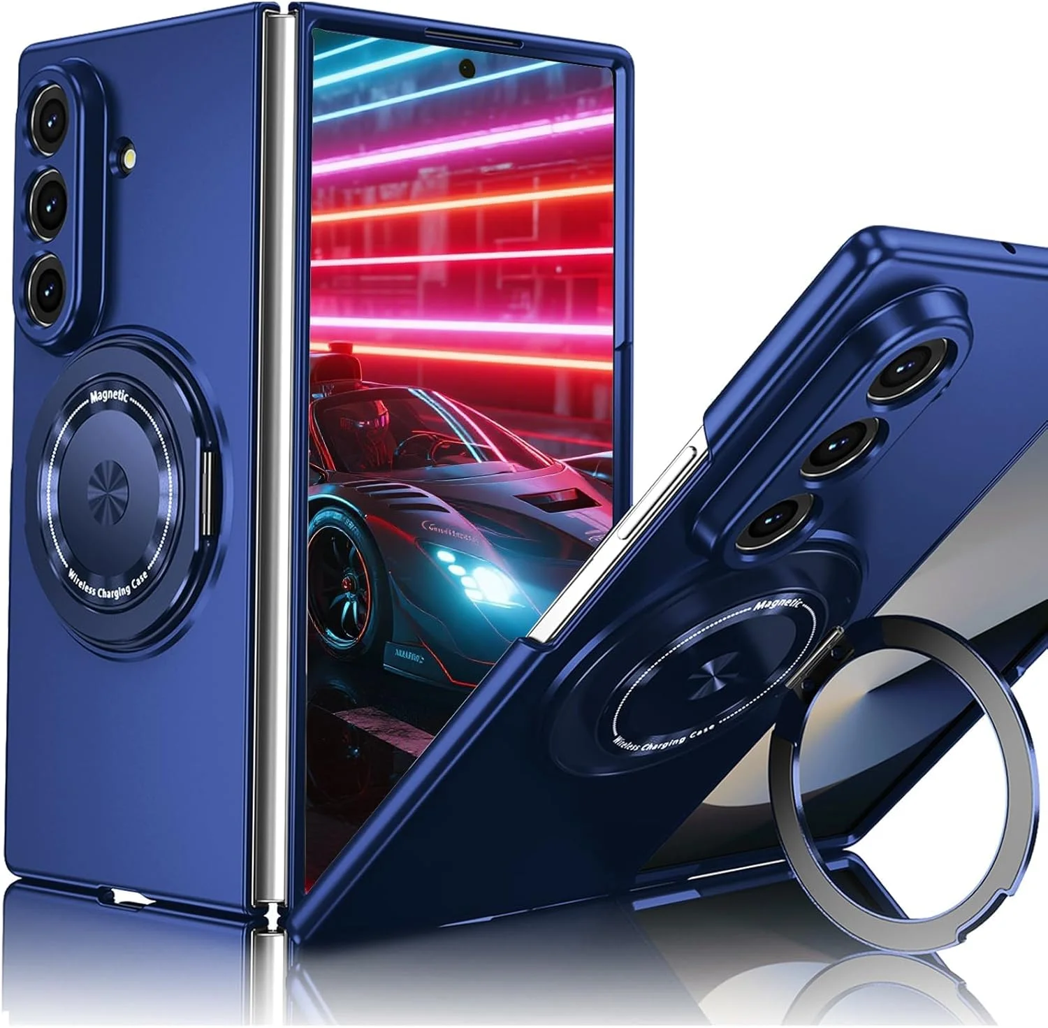 قاب مغناطیسی برای سامسونگ گلکسی زد فولد 7 با پایه انگشتی چرخشی، باریک و مقاوم در برابر ضربه، سازگار با شارژ بی‌سیم، آبی