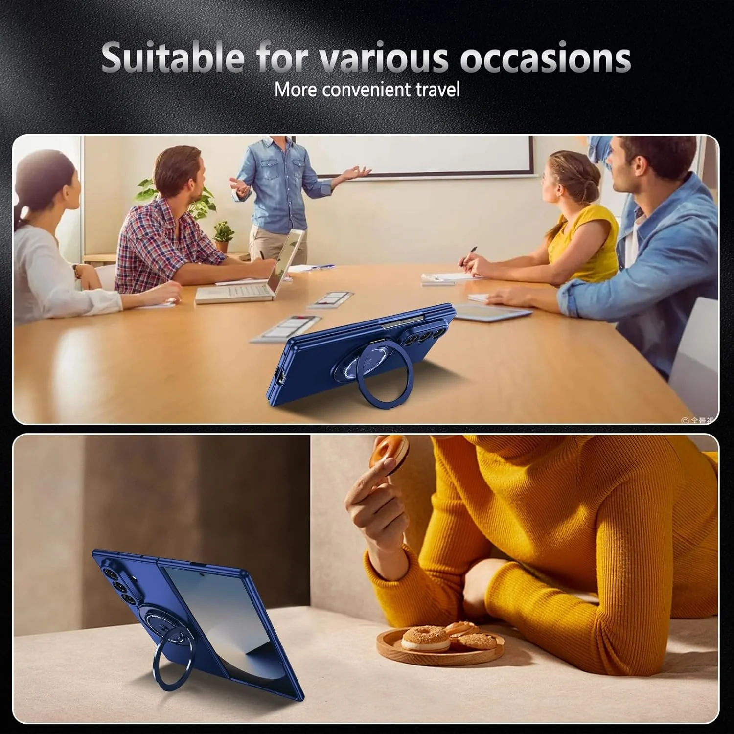 قاب مغناطیسی برای سامسونگ گلکسی زد فولد 7 با پایه انگشتی چرخشی، باریک و مقاوم در برابر ضربه، سازگار با شارژ بی‌سیم، آبی