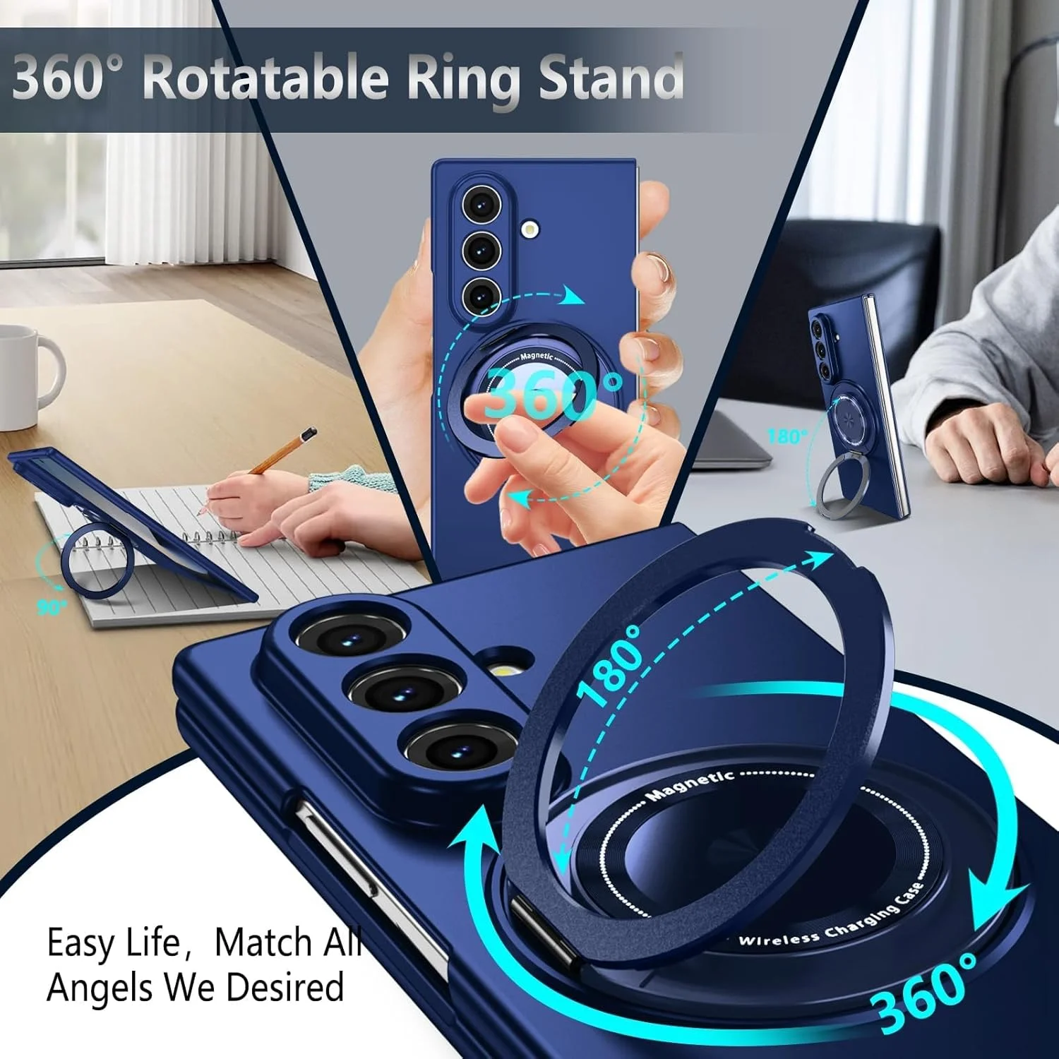 قاب مغناطیسی برای سامسونگ گلکسی زد فولد 7 با پایه انگشتی چرخشی، باریک و مقاوم در برابر ضربه، سازگار با شارژ بی‌سیم، آبی