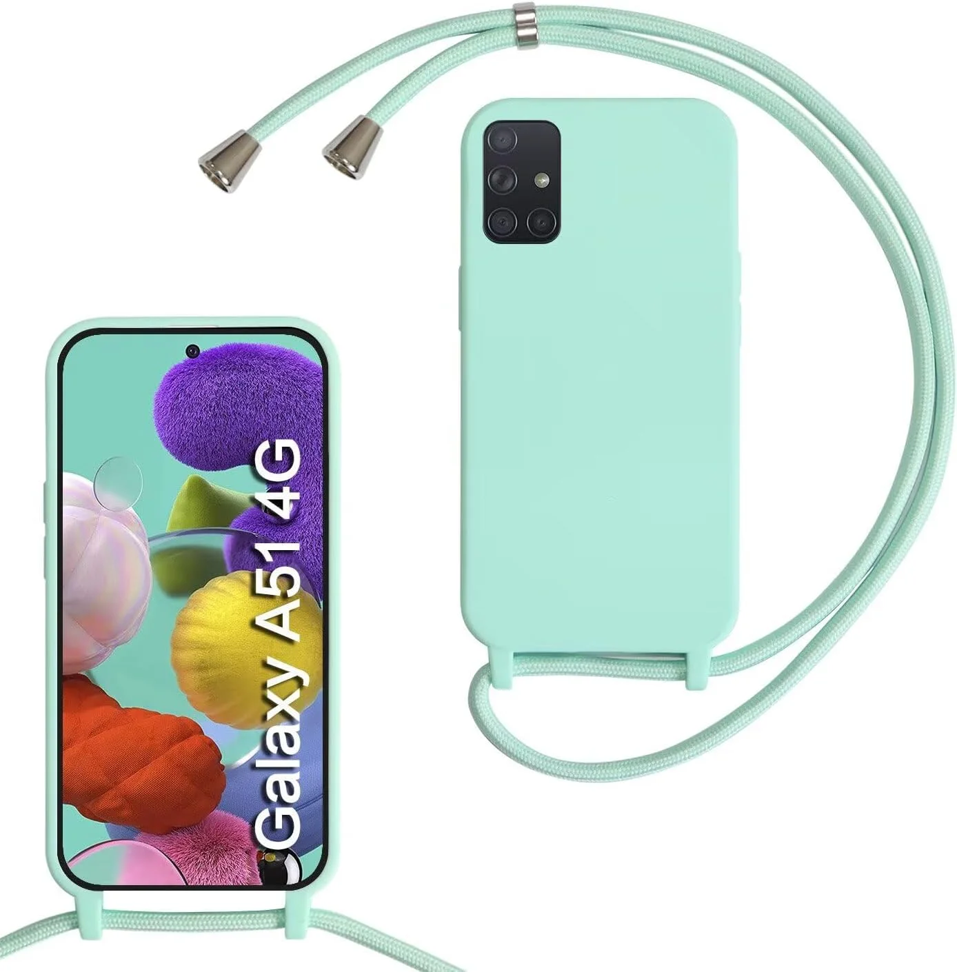 کاور بنددار برای گوشی سامسونگ گلکسی A51 4G، قاب آویز موبایل با بند قابل تنظیم، بند گردنی سیلیکونی TPU، سبز نعنایی