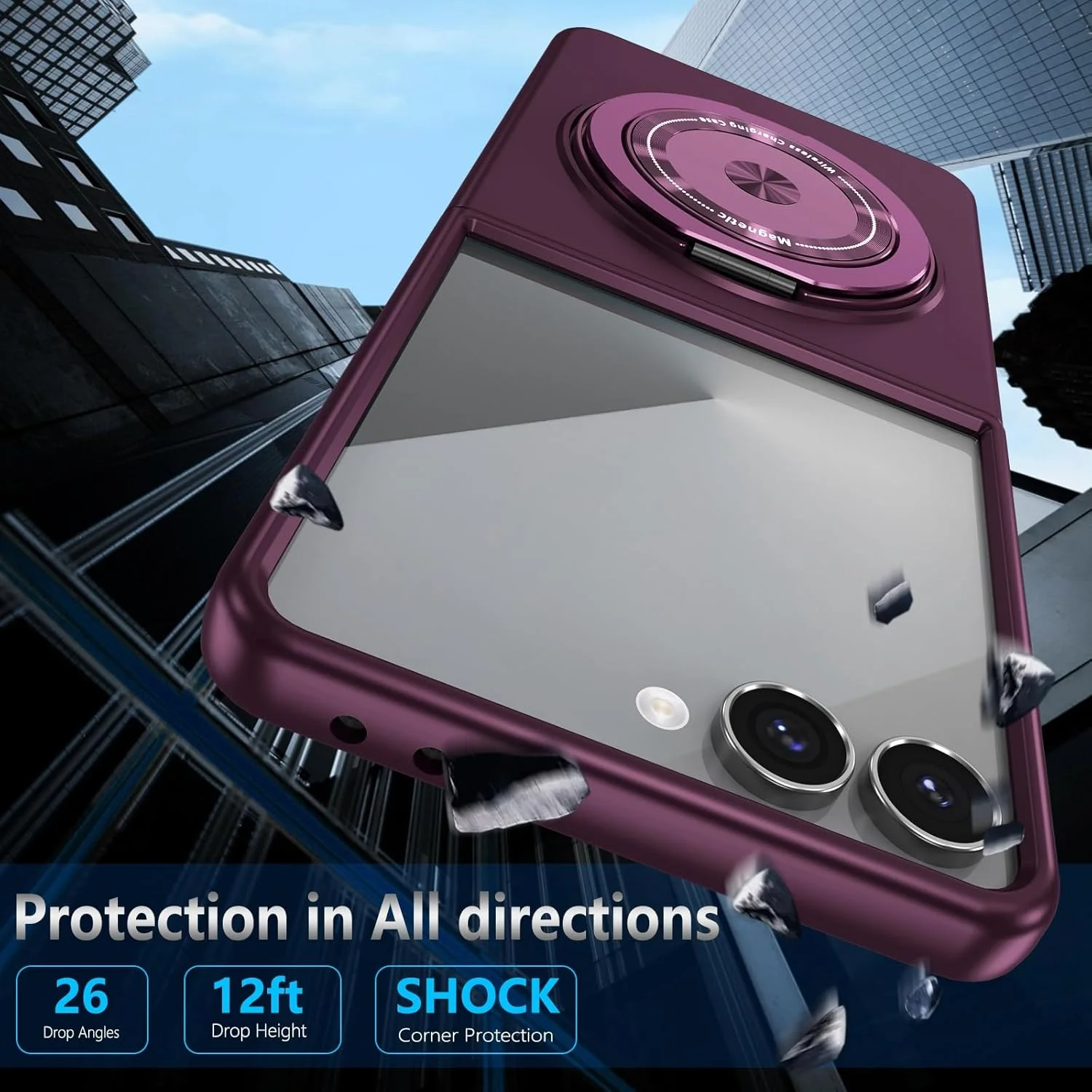 قاب محافظ مغناطیسی برای سامسونگ گلکسی زد فلیپ 7، قاب محافظ شیک برای گلکسی زد فلیپ 7 با پایه انگشتی چرخان، ضد ضربه، بنفش