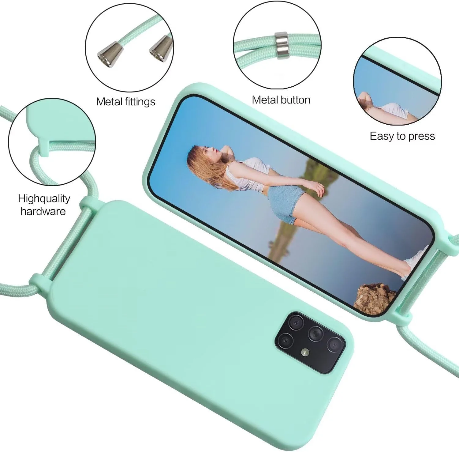 کاور بنددار برای گوشی سامسونگ گلکسی A51 4G، قاب آویز موبایل با بند قابل تنظیم، بند گردنی سیلیکونی TPU، سبز نعنایی