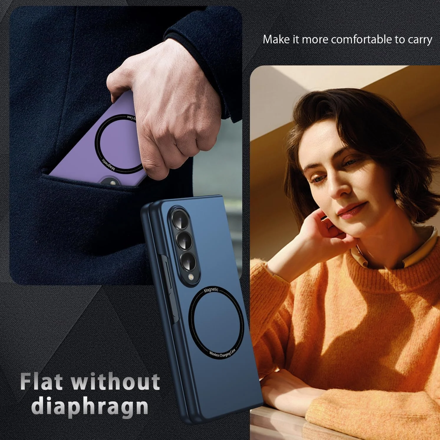 قاب محافظ مغناطیسی برای گوشی سامسونگ گلکسی زد فولد 6، شارژ بی‌سیم، ضد ضربه، ضد خش، باریک (آبی، زد فولد 6)