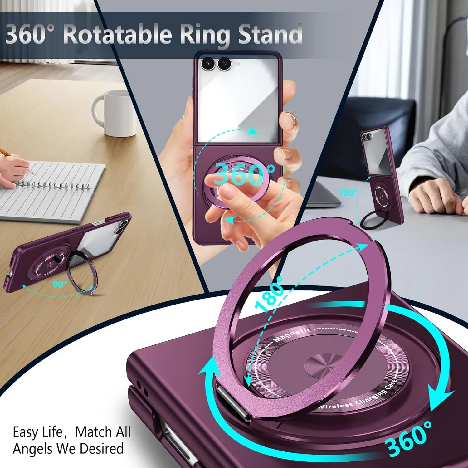 قاب محافظ مغناطیسی برای سامسونگ گلکسی زد فلیپ 7، قاب محافظ شیک برای گلکسی زد فلیپ 7 با پایه انگشتی چرخان، ضد ضربه، بنفش