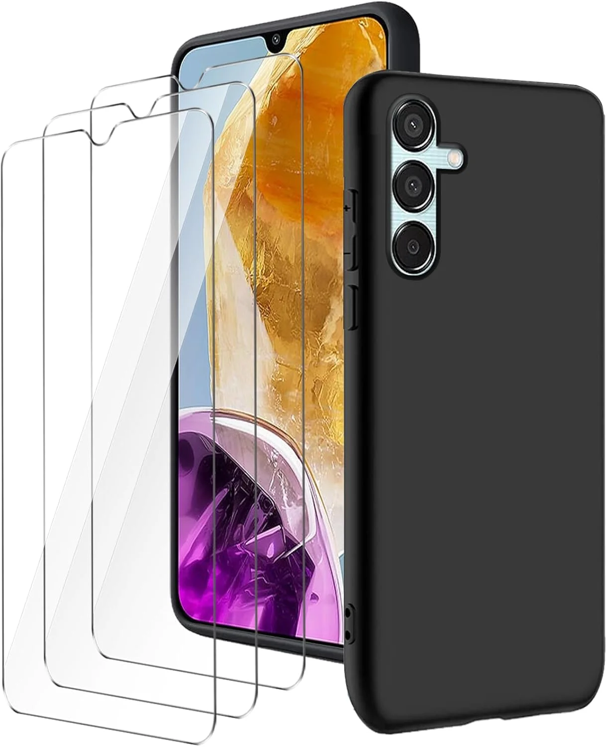 case for Samsung Galaxy M15 5G/F15 5G (6.5") Black mobile phone case + 3 pieces tempered glass protective film, case soft silicone TPU protective cover