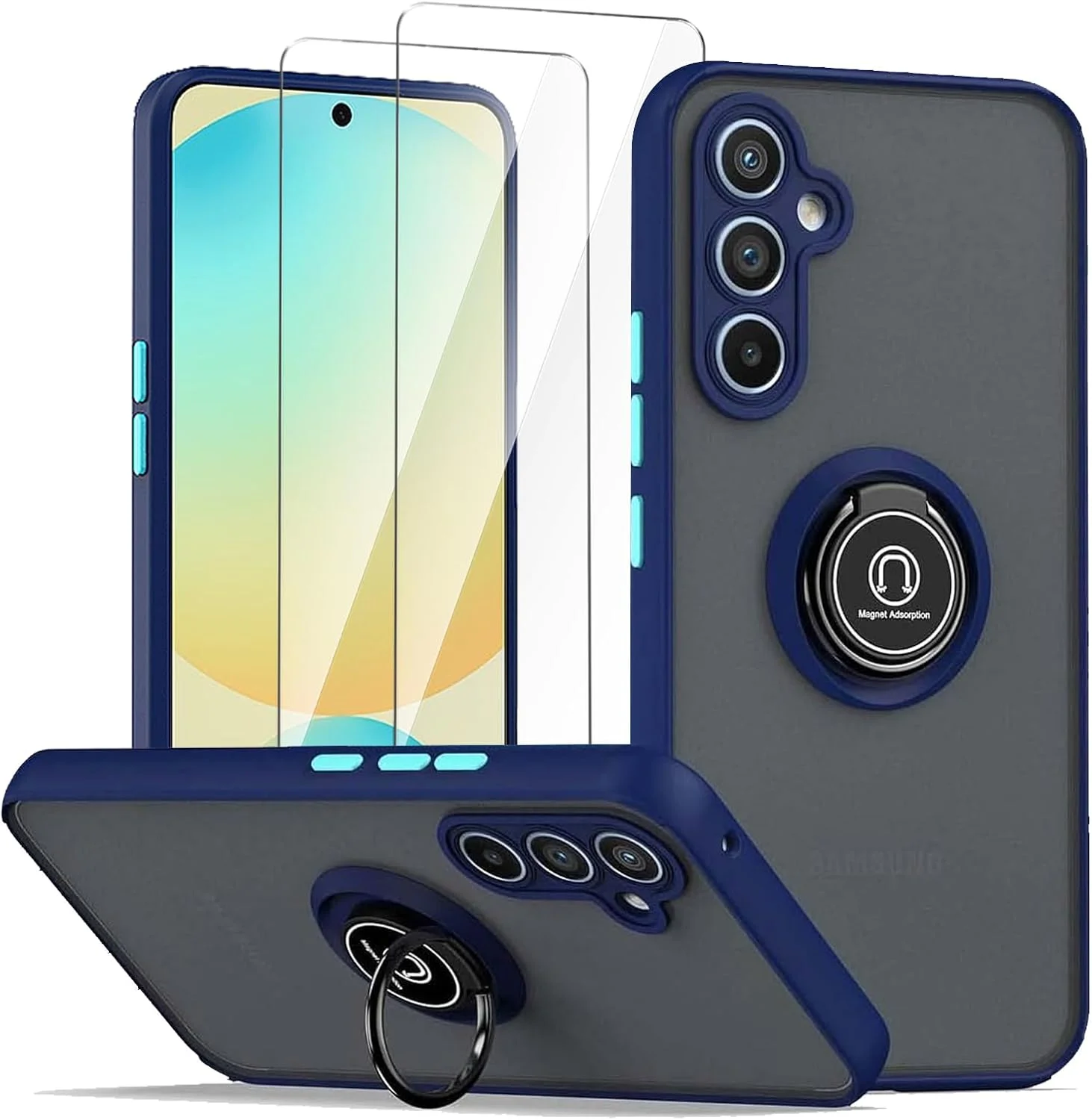 کاور گوشی سامسونگ گلکسی A26 5G، آبی سلطنتی، با پایه انگشتی و 2 عدد محافظ صفحه نمایش شیشه ای حرارت دیده، کاور ضد ضربه و ضد خش PC + TPU