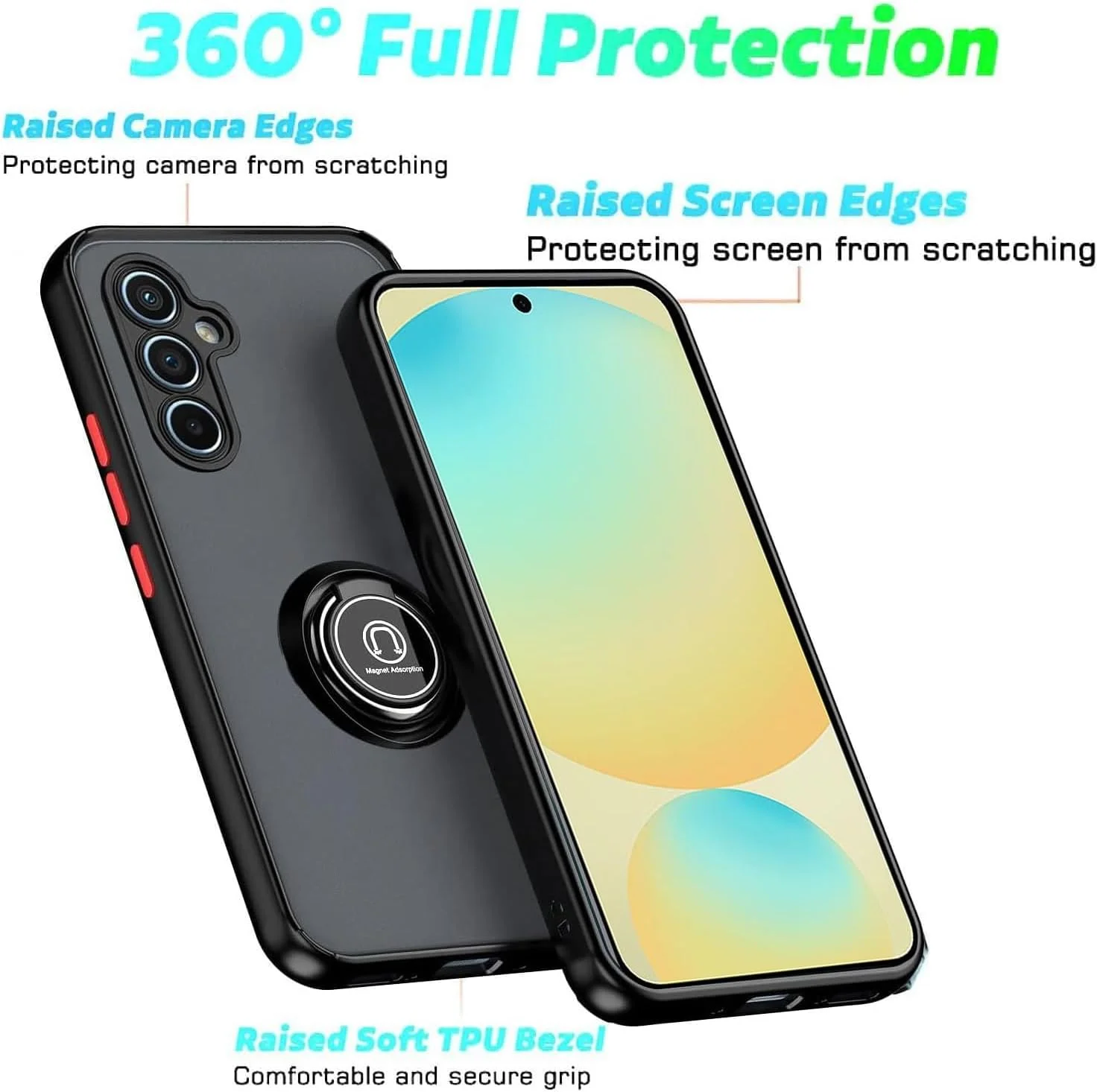 کاور گوشی سامسونگ گلکسی A26 5G، آبی سلطنتی، با پایه انگشتی و 2 عدد محافظ صفحه نمایش شیشه ای حرارت دیده، کاور ضد ضربه و ضد خش PC + TPU