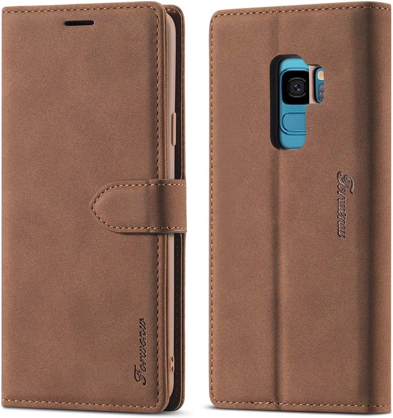 کیف چرمی ممتاز گوشی موبایل برای سامسونگ گلکسی اس 9 پلاس، با جای کارت، استند و محافظ مغناطیسی سازگار با گلکسی اس 9 پلاس - قهوه ای