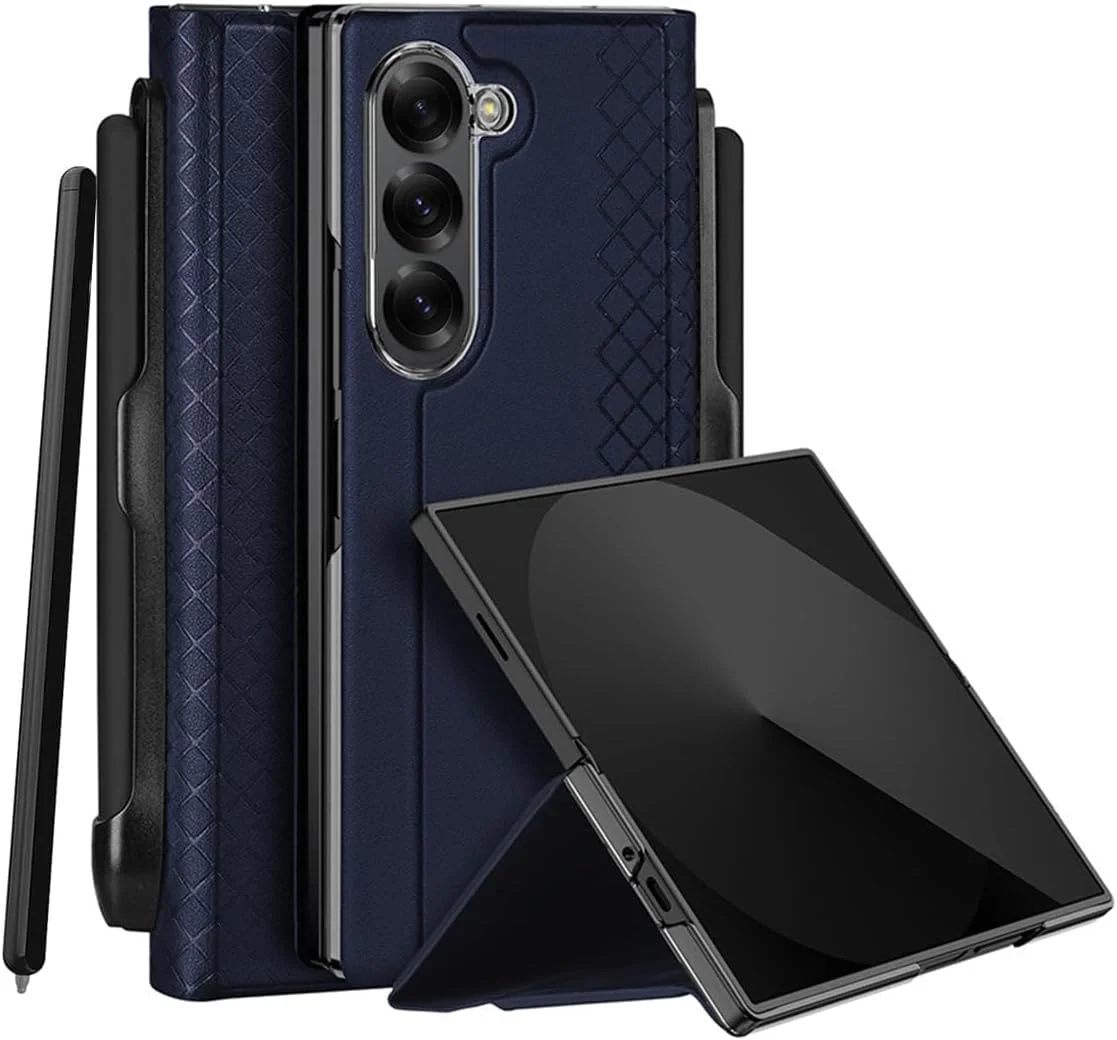 کاور چرمی PU لوکس با جای قلم S، محافظ لولای گوشی سامسونگ گلکسی زد فولد 7 5G، ضد ضربه، کیف پول محافظ گوشی برای فولد 7 (آبی - با قلم S، زد فولد 7)