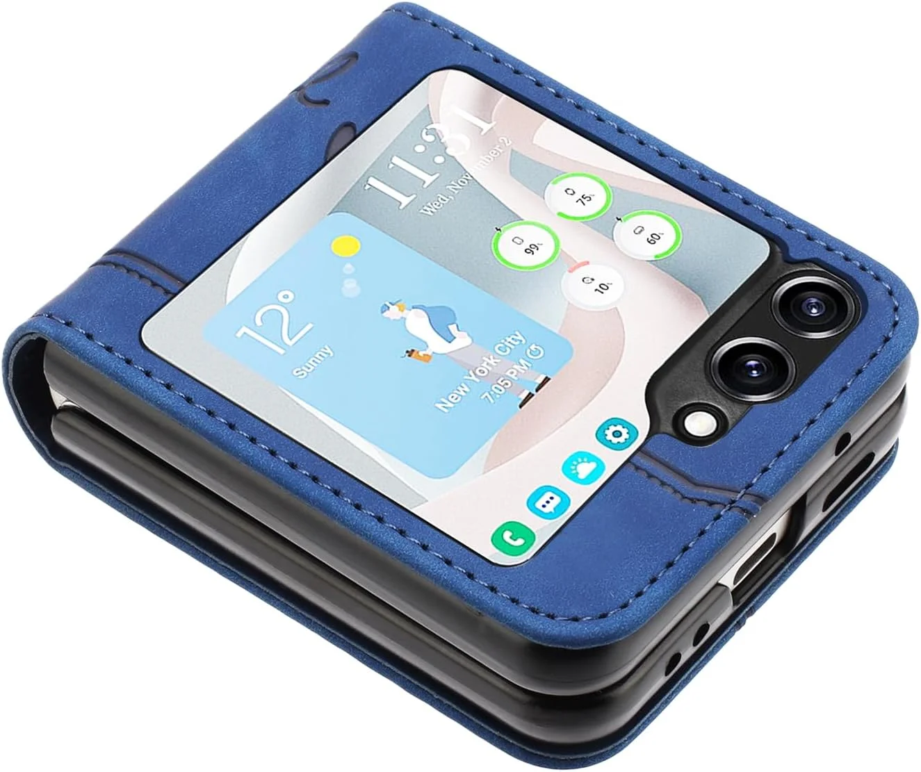 کاور چرمی کیف پول دار سازگار با گوشی سامسونگ گلکسی زد فلیپ 5 به همراه محافظ صفحه نمایش، دارای جای کارت، بست مغناطیسی و قابلیت استند (آبی)