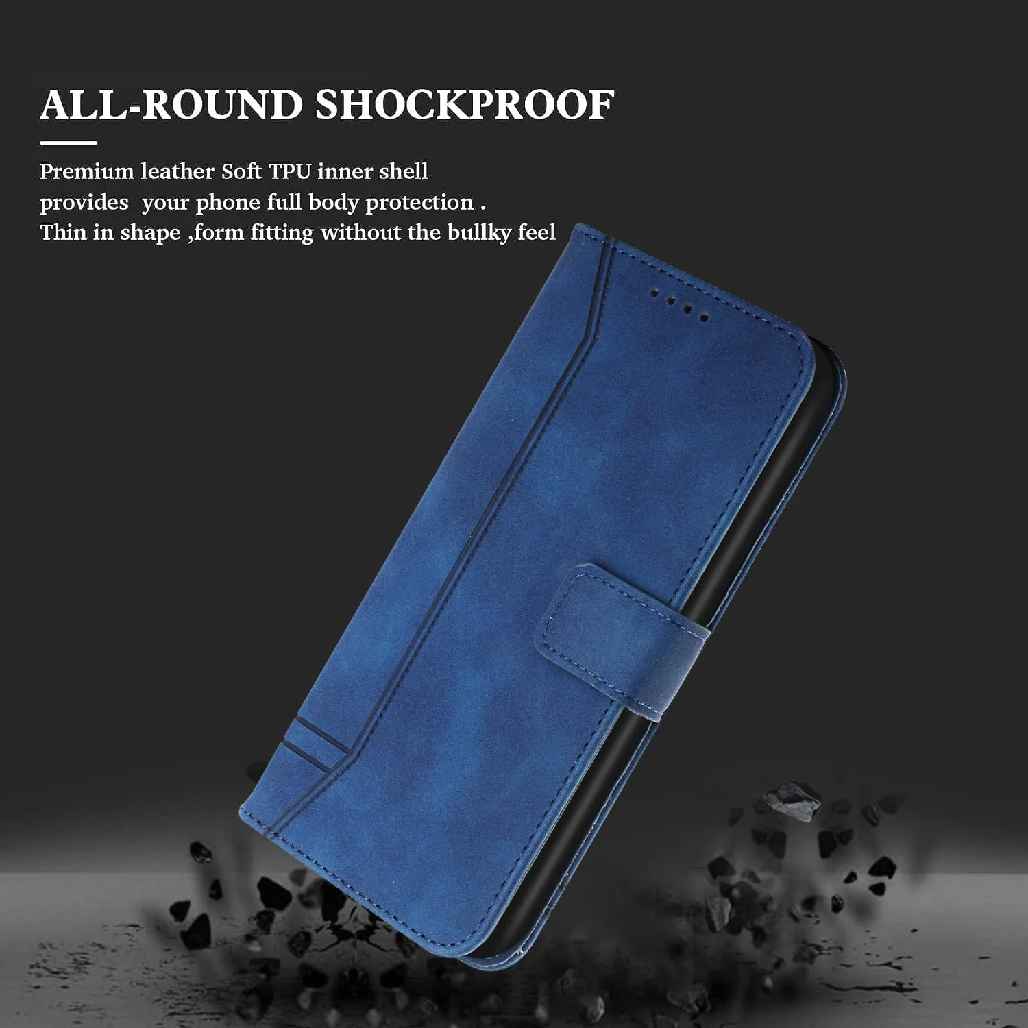 کاور چرمی کیف پول دار سازگار با گوشی سامسونگ گلکسی زد فلیپ 5 به همراه محافظ صفحه نمایش، دارای جای کارت، بست مغناطیسی و قابلیت استند (آبی)