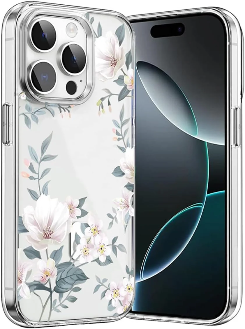 کاور شفاف آیفون 15 پرو، طراحی گلدار زنانه، کاور محافظ گوشی با بامپر TPU طرح گل برای آیفون 15 پرو (سفید، آیفون 15 پرو)