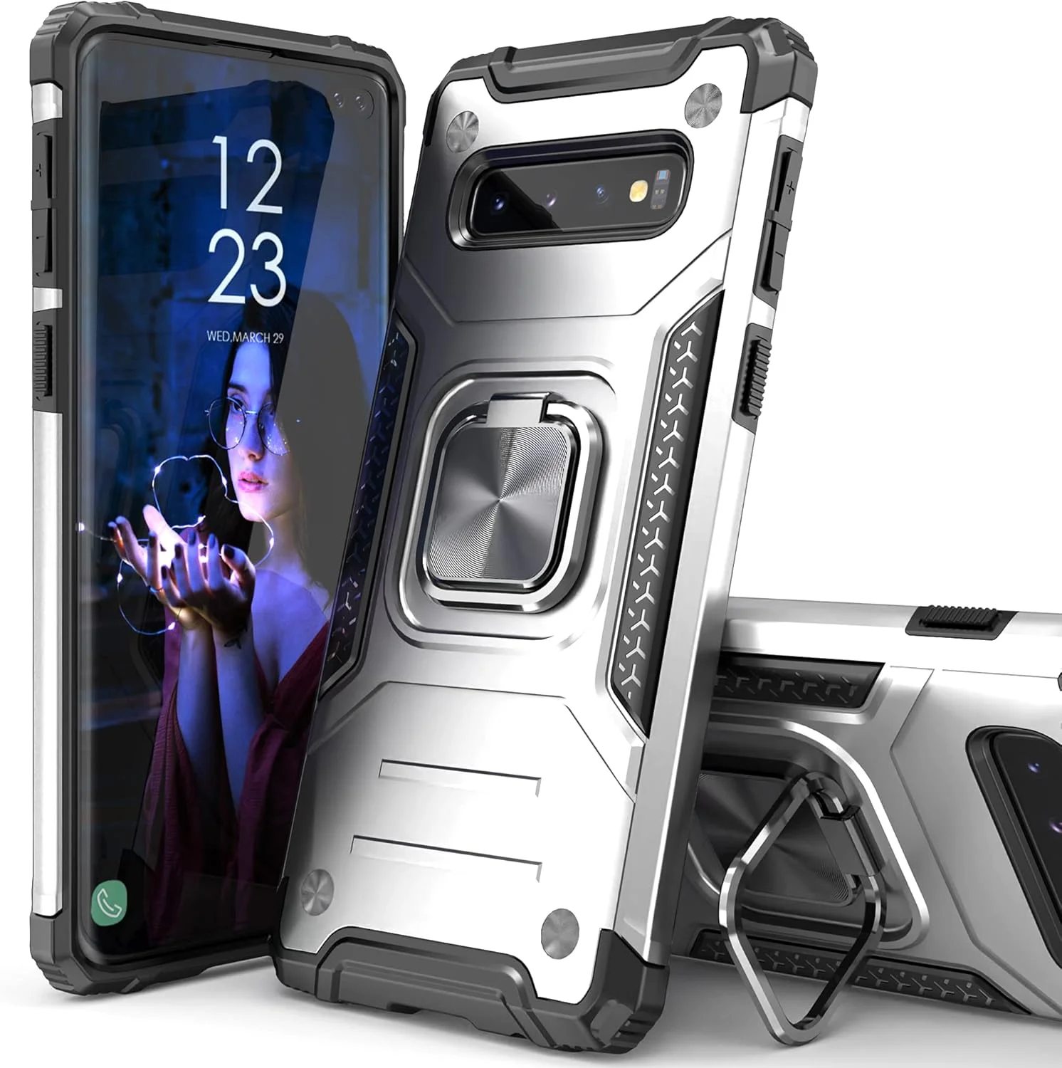 قاب گوشی گلکسی اس 10، کاور محافظ تست سقوط هیبریدی با پایه کارت، باریک و مناسب برای گوشی سامسونگ گلکسی اس 10، نقره ای