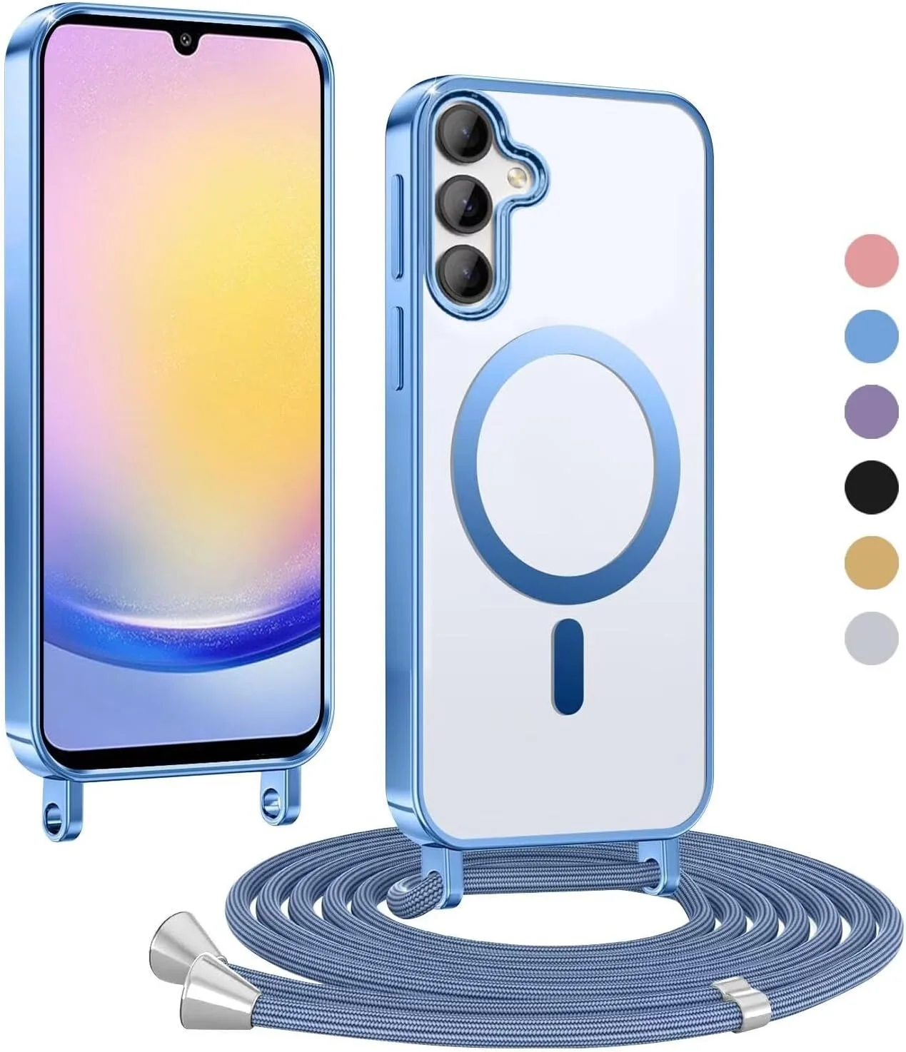 کاور شفاف با بند گردنی برای سامسونگ گلکسی A25 با آهنربا، کاور نرم و باریک با بند آویز قابل تنظیم روی شانه، ضد ضربه - آبی