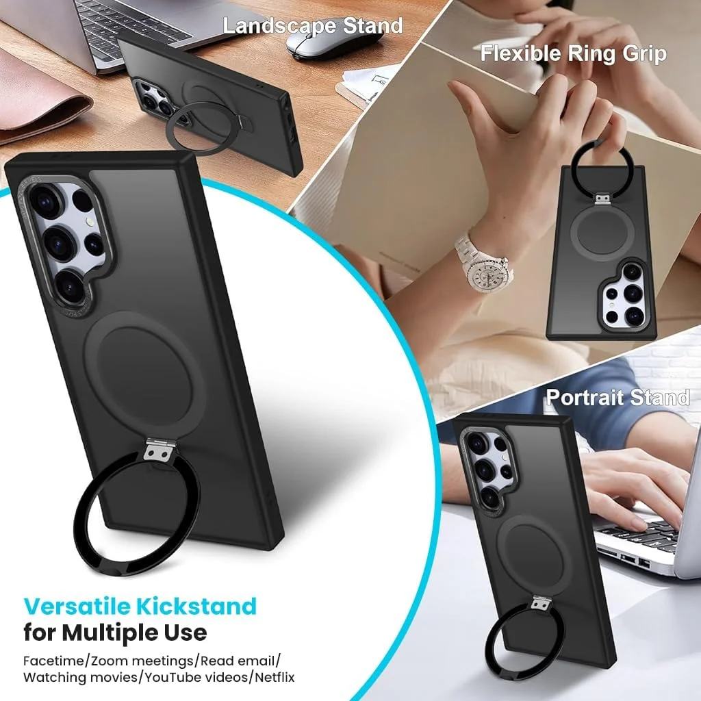 کاور محافظ گوشی سامسونگ گلکسی S25 Ultra برند HASTHIP، کاور مات با استند حلقه ای مغناطیسی، بامپر TPU 2 در 1، ضد ضربه و سازگار با شارژ بی سیم