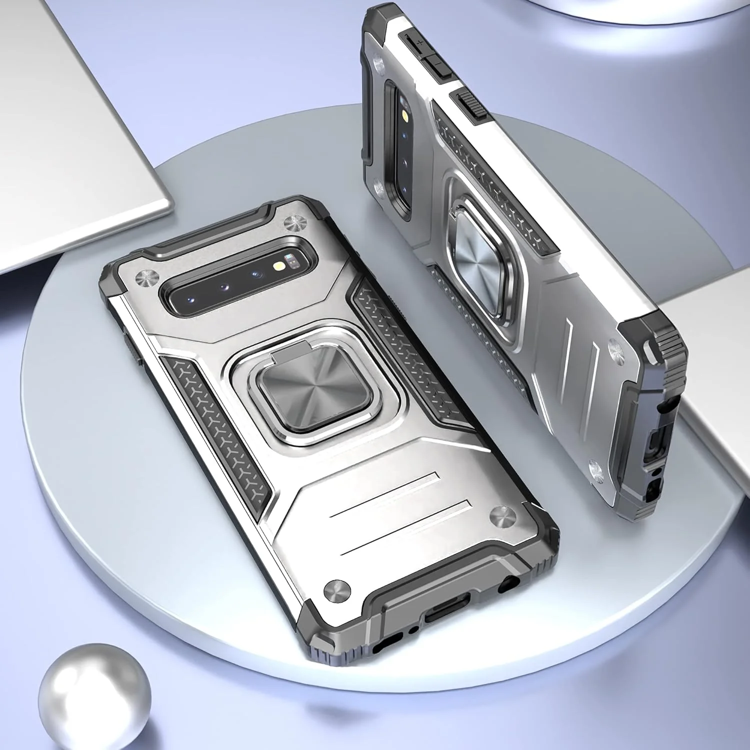 قاب گوشی گلکسی اس 10، کاور محافظ تست سقوط هیبریدی با پایه کارت، باریک و مناسب برای گوشی سامسونگ گلکسی اس 10، نقره ای