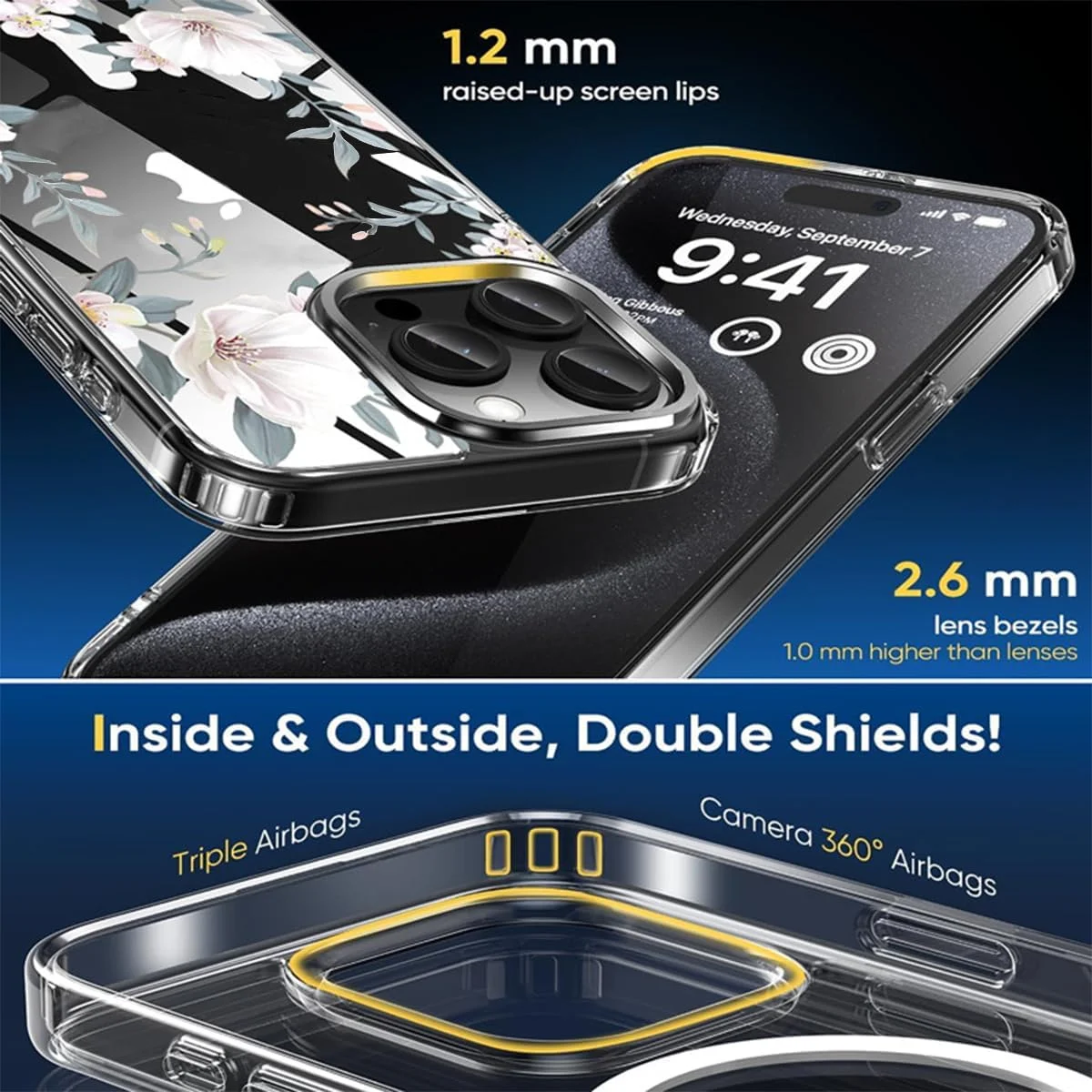 کاور شفاف آیفون 15 پرو، طراحی گلدار زنانه، کاور محافظ گوشی با بامپر TPU طرح گل برای آیفون 15 پرو (سفید، آیفون 15 پرو)