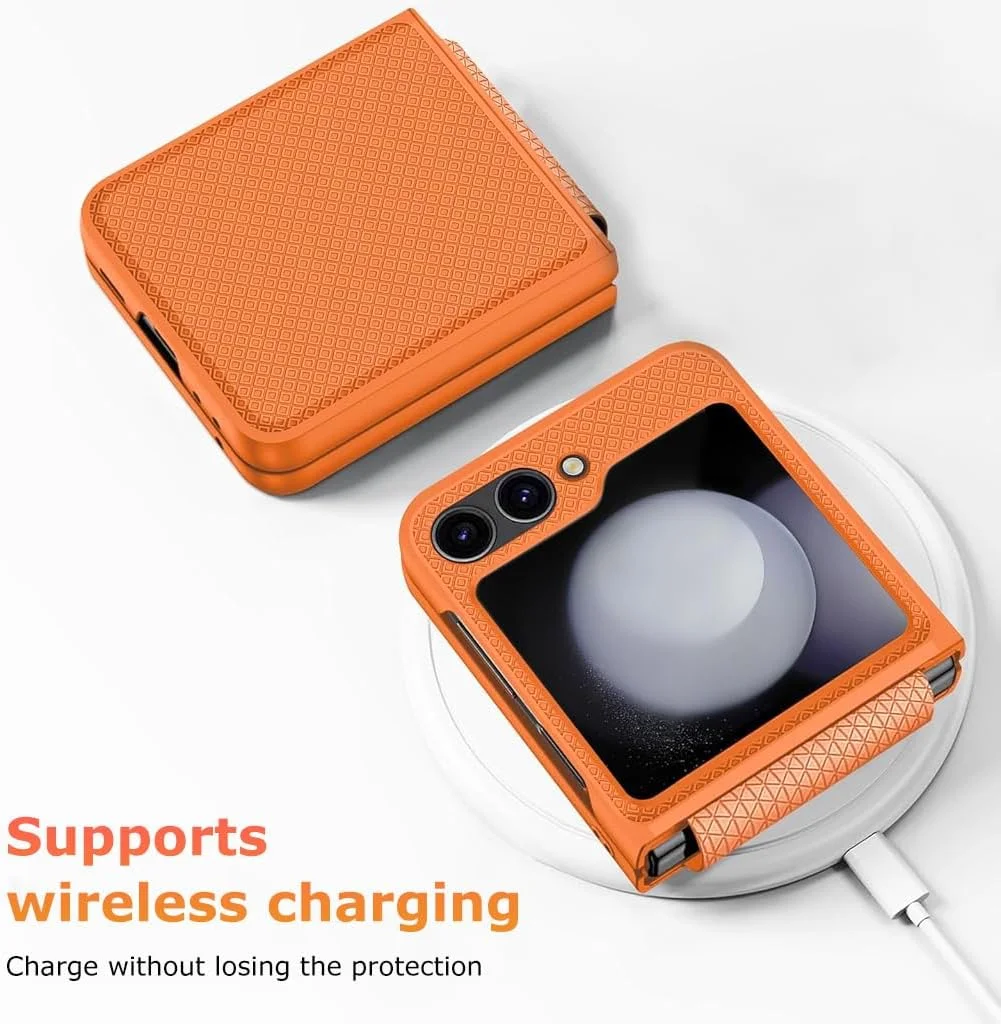 قاب گوشی تاشو HASTHIP سازگار با گوشی سامسونگ گلکسی زد فلیپ 6، طراحی لولای جمع شونده یک تکه، ضد لغزش، قاب گوشی شیک با برش نمایشگر بیرونی، نارنجی