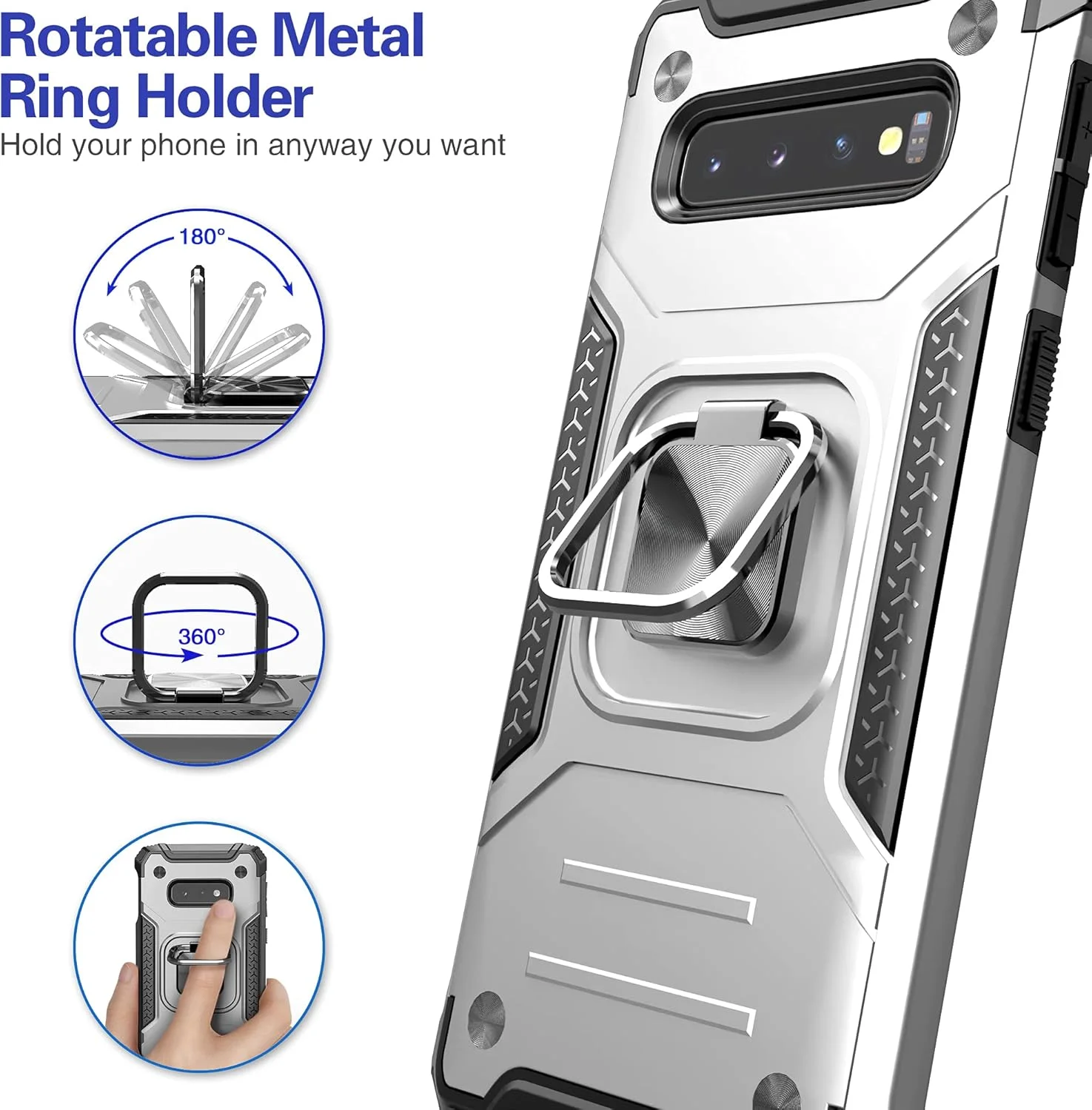 قاب گوشی گلکسی اس 10، کاور محافظ تست سقوط هیبریدی با پایه کارت، باریک و مناسب برای گوشی سامسونگ گلکسی اس 10، نقره ای