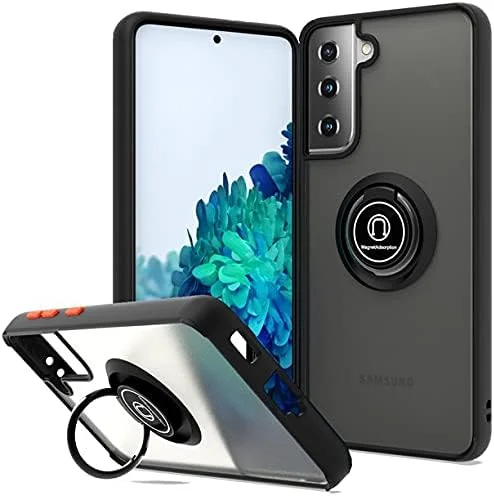 قاب محافظ سیلیکونی انعطاف پذیر برای گوشی سامسونگ S21 Plus، بامپر محافظ باریک و شفاف ضد ضربه با پوشش مات و حلقه مغناطیسی چرخان 360 درجه مناسب برای هولدر ماشین (مشکی)