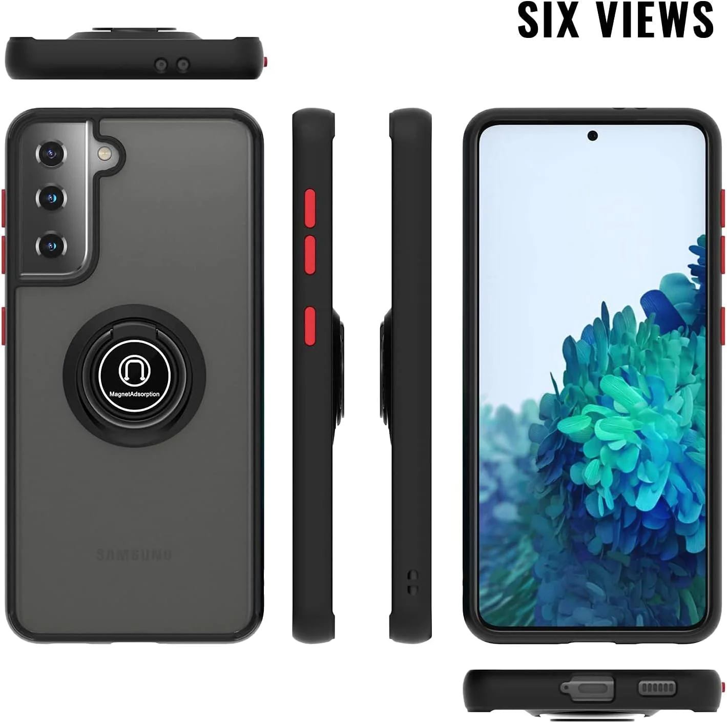 قاب محافظ سیلیکونی انعطاف پذیر برای گوشی سامسونگ S21 Plus، بامپر محافظ باریک و شفاف ضد ضربه با پوشش مات و حلقه مغناطیسی چرخان 360 درجه مناسب برای هولدر ماشین (مشکی)