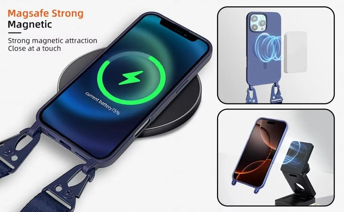 کیف کراس بادی سازگار با سامسونگ گلکسی A06 5G، قاب شارژ بی سیم با بند گردنی قابل تنظیم، آبی