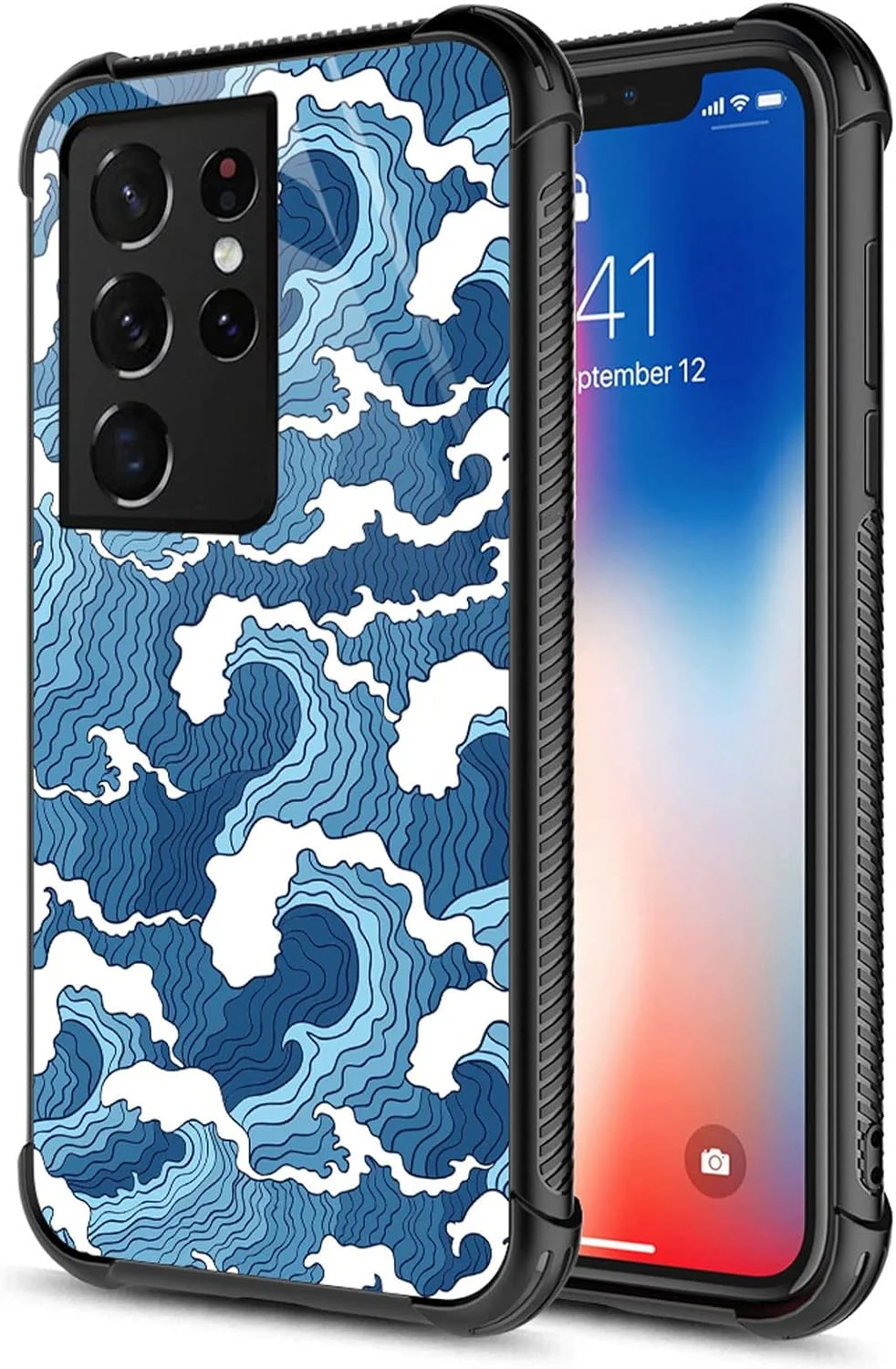 قاب محافظ گوشی موبایل کارلوکا سازگار با سامسونگ گلکسی S21 Ultra، طرح گرافیکی امواج اوکییو-ای آبی، ضد ضربه و ضد خش، قاب اکریلیک سخت