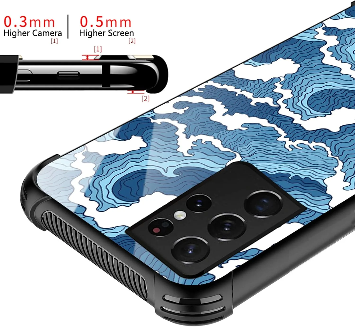 قاب محافظ گوشی موبایل کارلوکا سازگار با سامسونگ گلکسی S21 Ultra، طرح گرافیکی امواج اوکییو-ای آبی، ضد ضربه و ضد خش، قاب اکریلیک سخت