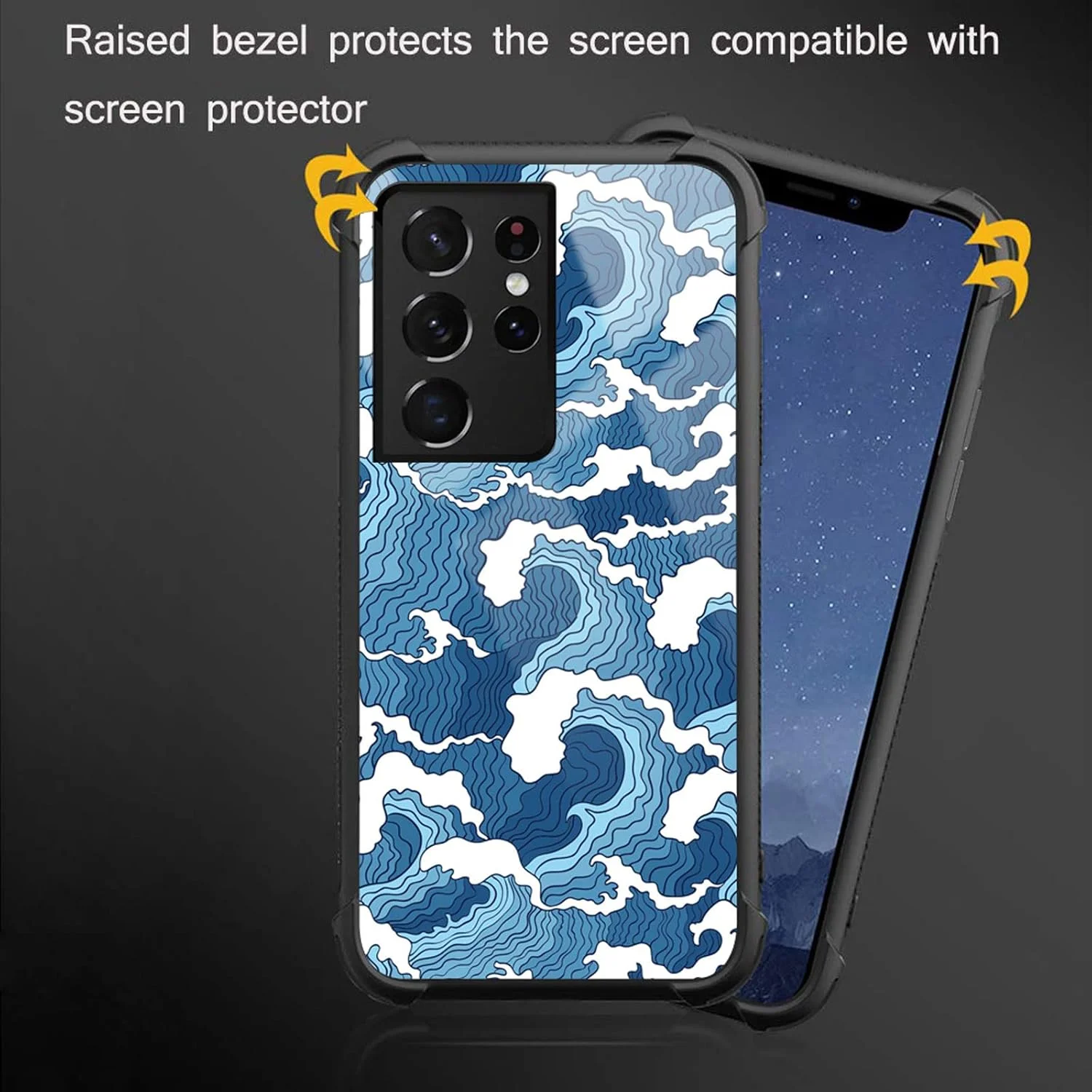 قاب محافظ گوشی موبایل کارلوکا سازگار با سامسونگ گلکسی S21 Ultra، طرح گرافیکی امواج اوکییو-ای آبی، ضد ضربه و ضد خش، قاب اکریلیک سخت