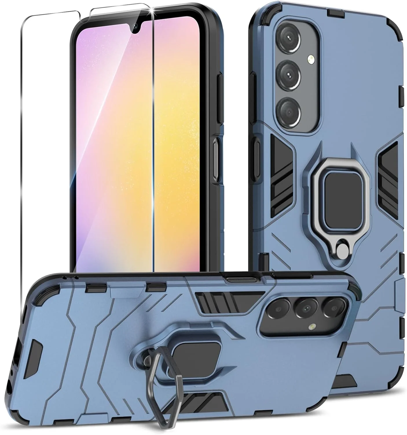قاب گوشی سامسونگ گلکسی A25 5G به همراه محافظ صفحه نمایش شیشه ای، کاور ضد ضربه و مقاوم با پایه نگهدارنده - آبی