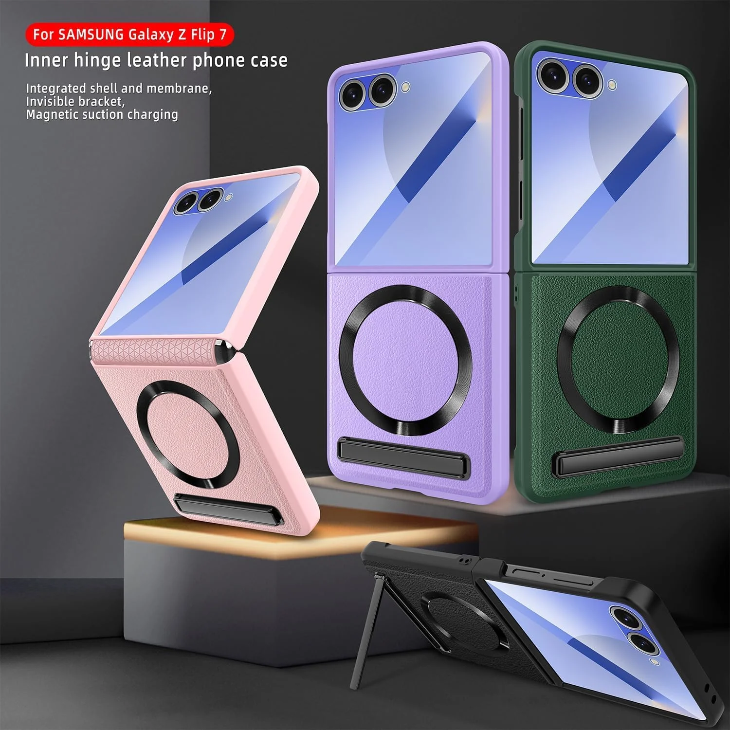 قاب محافظ چرمی سازگار با Magsafe برای گوشی سامسونگ گلکسی زد فلیپ 7، محافظت کامل بدنه، دارای محافظ صفحه نمایش، پوشش شارژ بی‌سیم، محافظت از لولا، دارای پایه نگهدارنده، صورتی