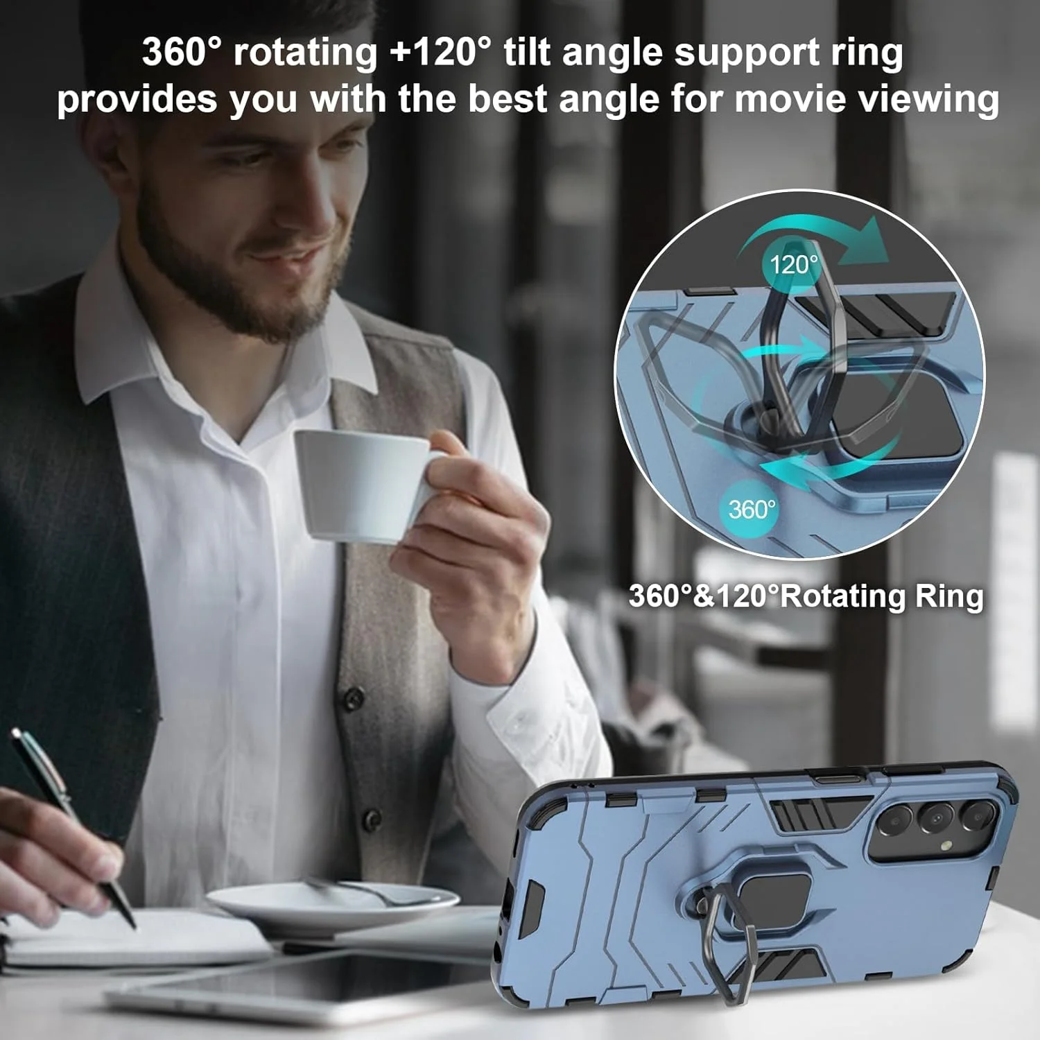 قاب گوشی سامسونگ گلکسی A25 5G به همراه محافظ صفحه نمایش شیشه ای، کاور ضد ضربه و مقاوم با پایه نگهدارنده - آبی