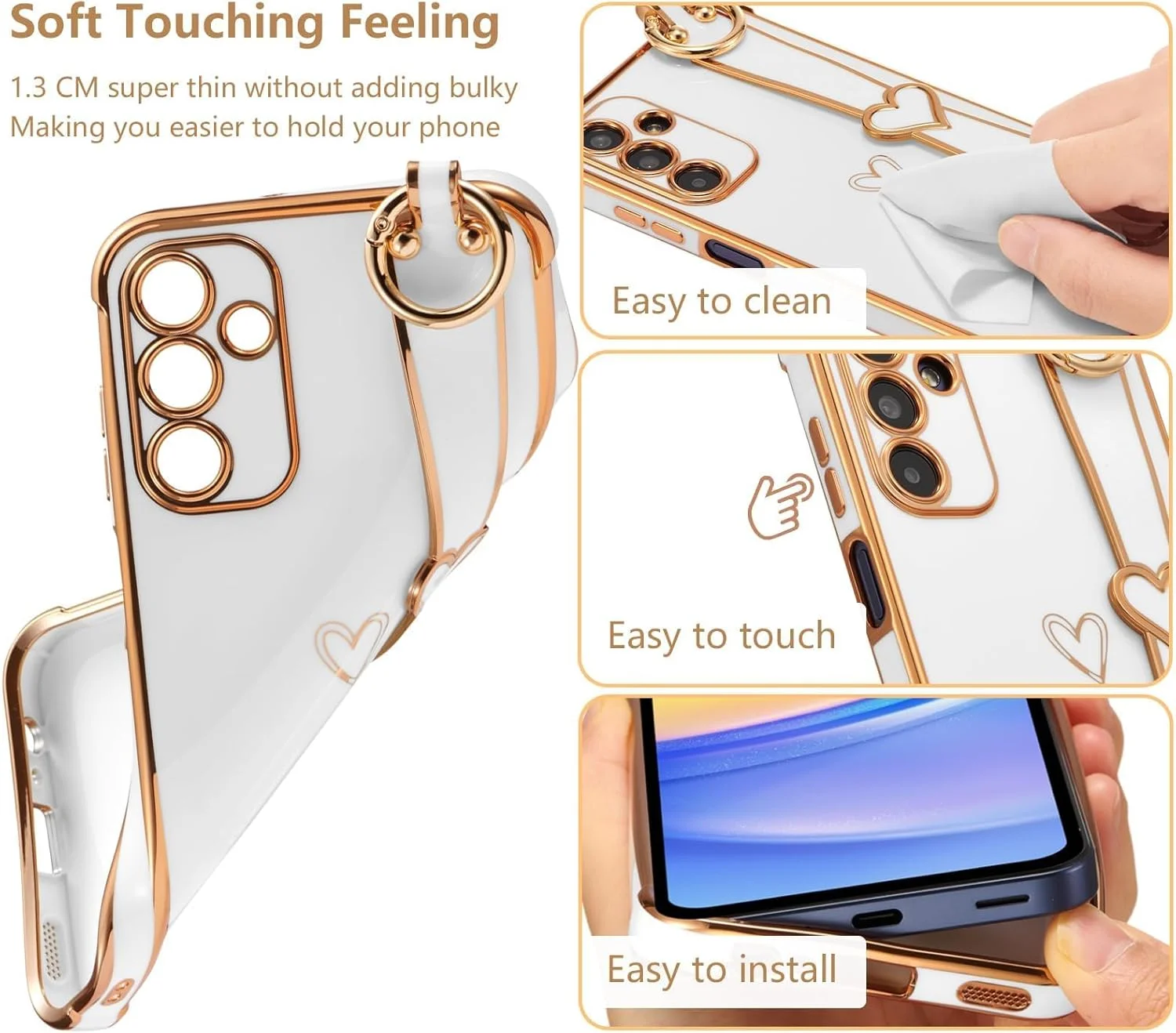 قاب محافظ گوشی سامسونگ گلکسی A55، بند مچی، لبه آبکاری شده لوکس، طرح قلب، نرم و ضد ضربه، سفید